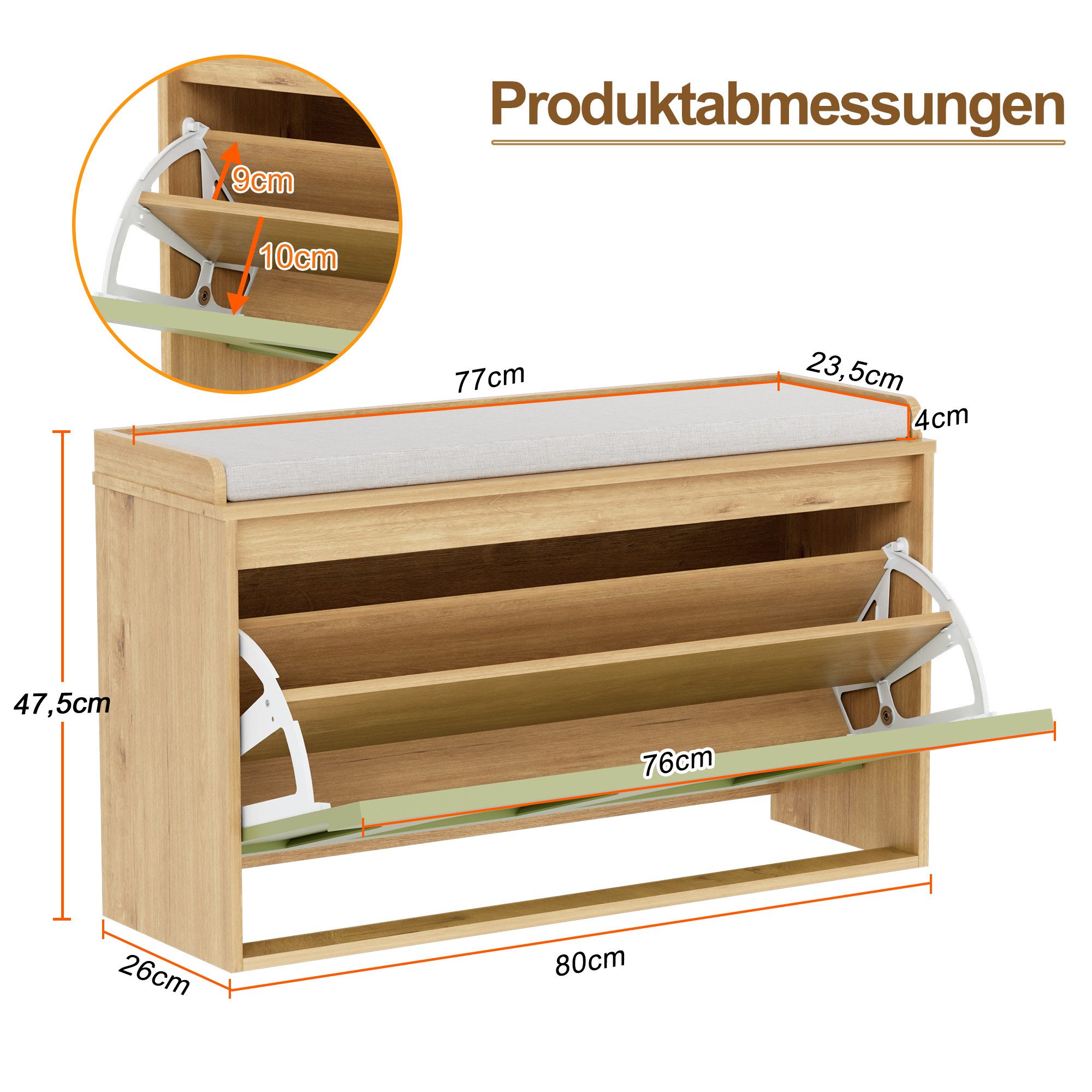 UEV Schuhbank mit Sitzfläche & Stauraum, Sitzbank mit Kissen Schuhregal 80x26x47,5cm (Schuhregal mit Sitzkissen), Schmaler Flurbank mit Stauraum & verstellbarer Trennwand für Flur