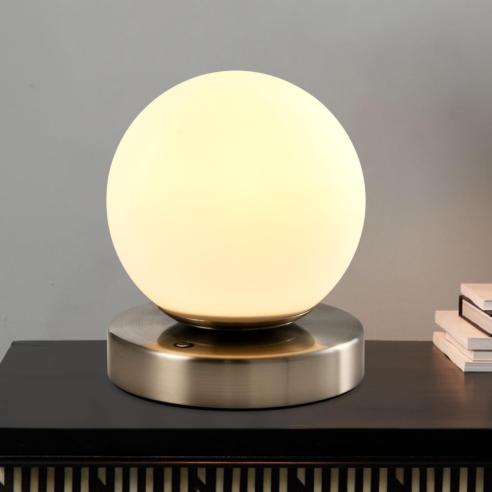 LQWELL Nachttischlampe Nachttischleuchte, Tischlampe Tischleuchte, 3 Dimmstufen USB Wiederaufladbar, LED fest integriert, Warmweiß, Touch Beistelltischlampe Leselampe Kugel Glas