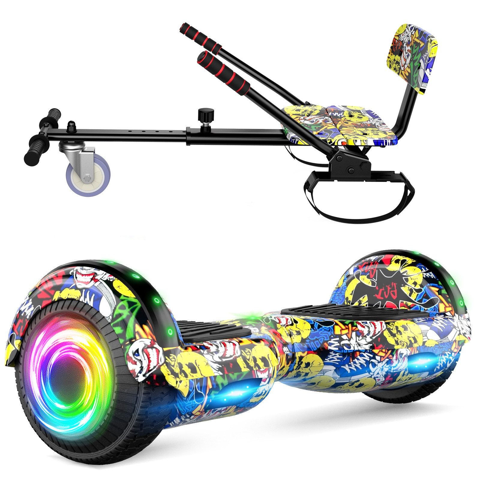 SISIGAD Balance Scooter Kart Set, 6,5'' Hoverboard mit kart,LED, Bluetooth, 8 km/h, 160W, Hoverboards mit Sitz, bis zu 7-8km,Geschenke für Kinder
