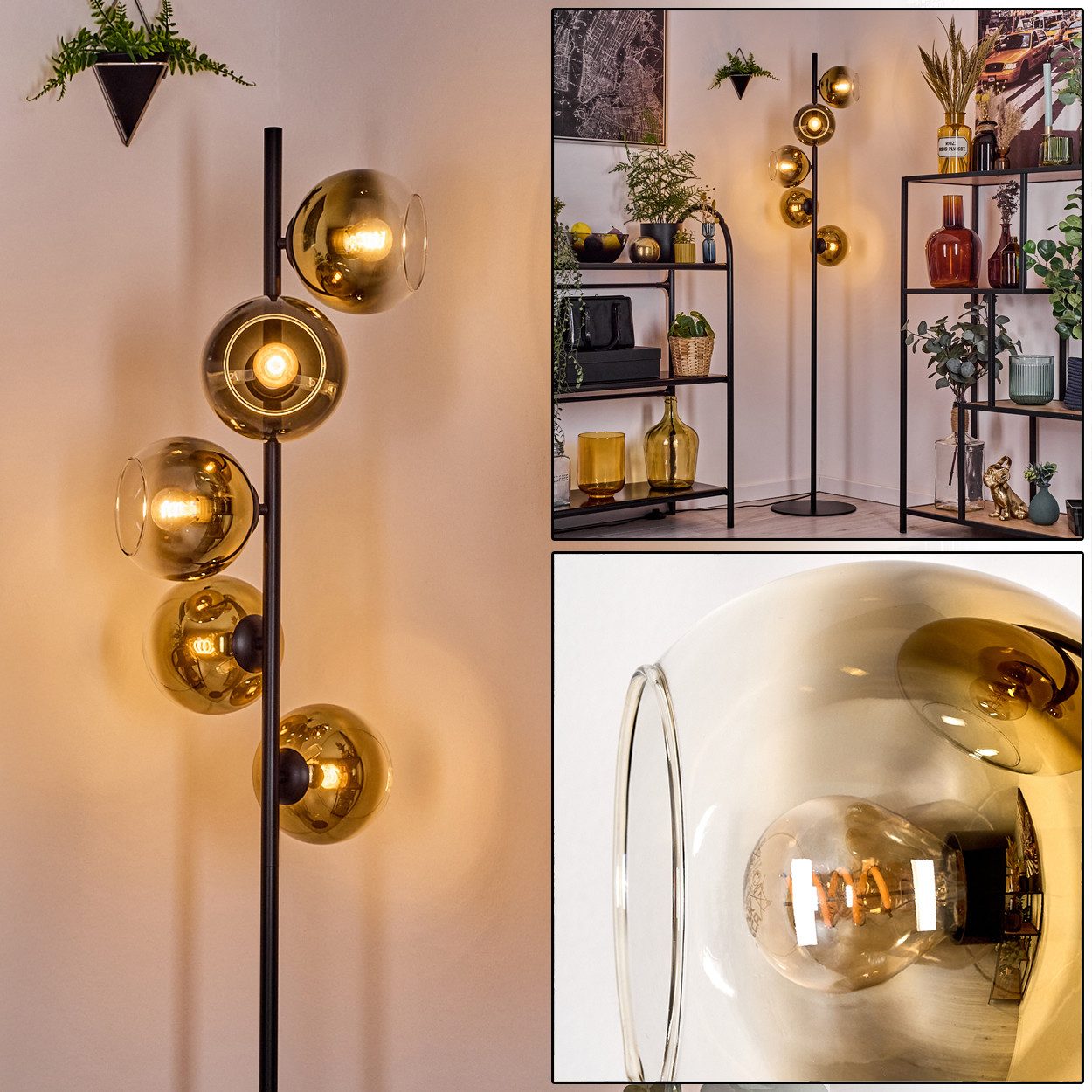 hofstein Stehlampe Stehlampe aus Metall/Glas in Schwarz/Gold/Klar, Retro/Vintage-Design, ohne Leuchtmittel, moderne Stehleuchte, Ø Schirme 15 cm, Fußschalter, 160 cm, E14