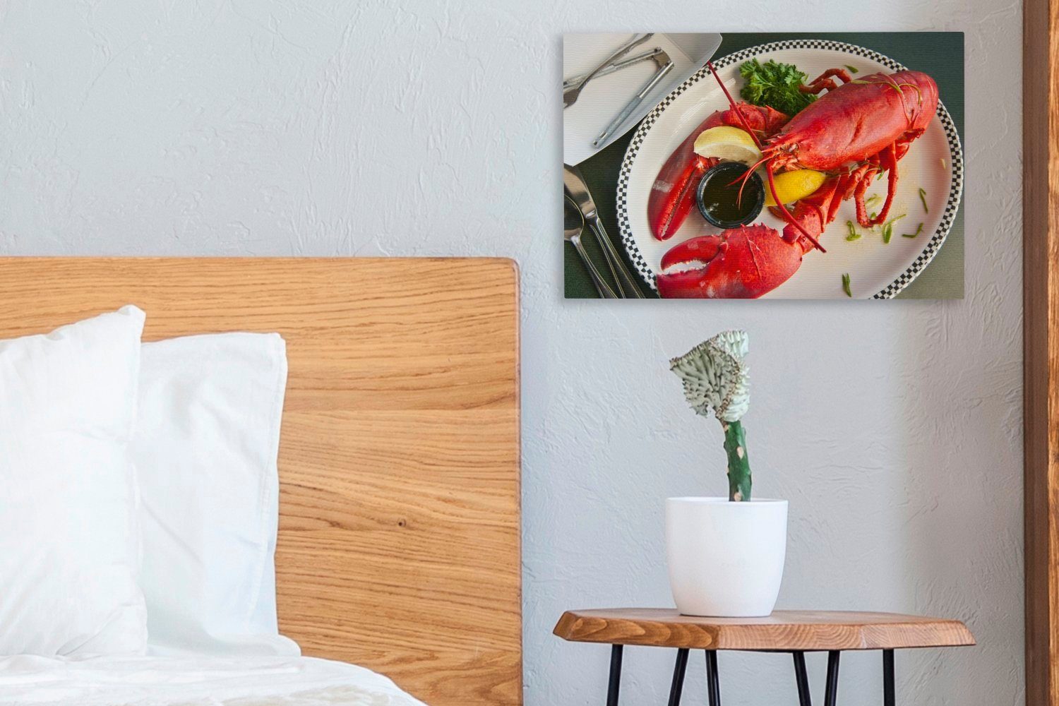 OneMillionCanvasses® Leinwandbild Ein Wandbild ganzer Hummer wird Teller einem Wanddeko, Gemüse auf Aufhängefertig, 30x20 cm mit (1 St), serviert, Leinwandbilder