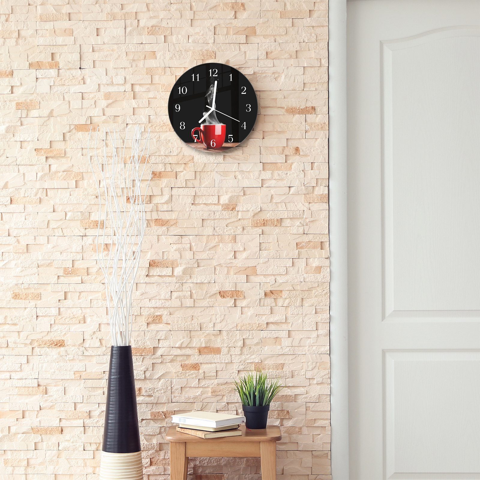 Primedeco Wanduhr Wanduhr mit Durchmesser mit und Glas Kaffeetasse Rund Quarzuhrwerk Motiv Rote aus 30 rauchend - cm