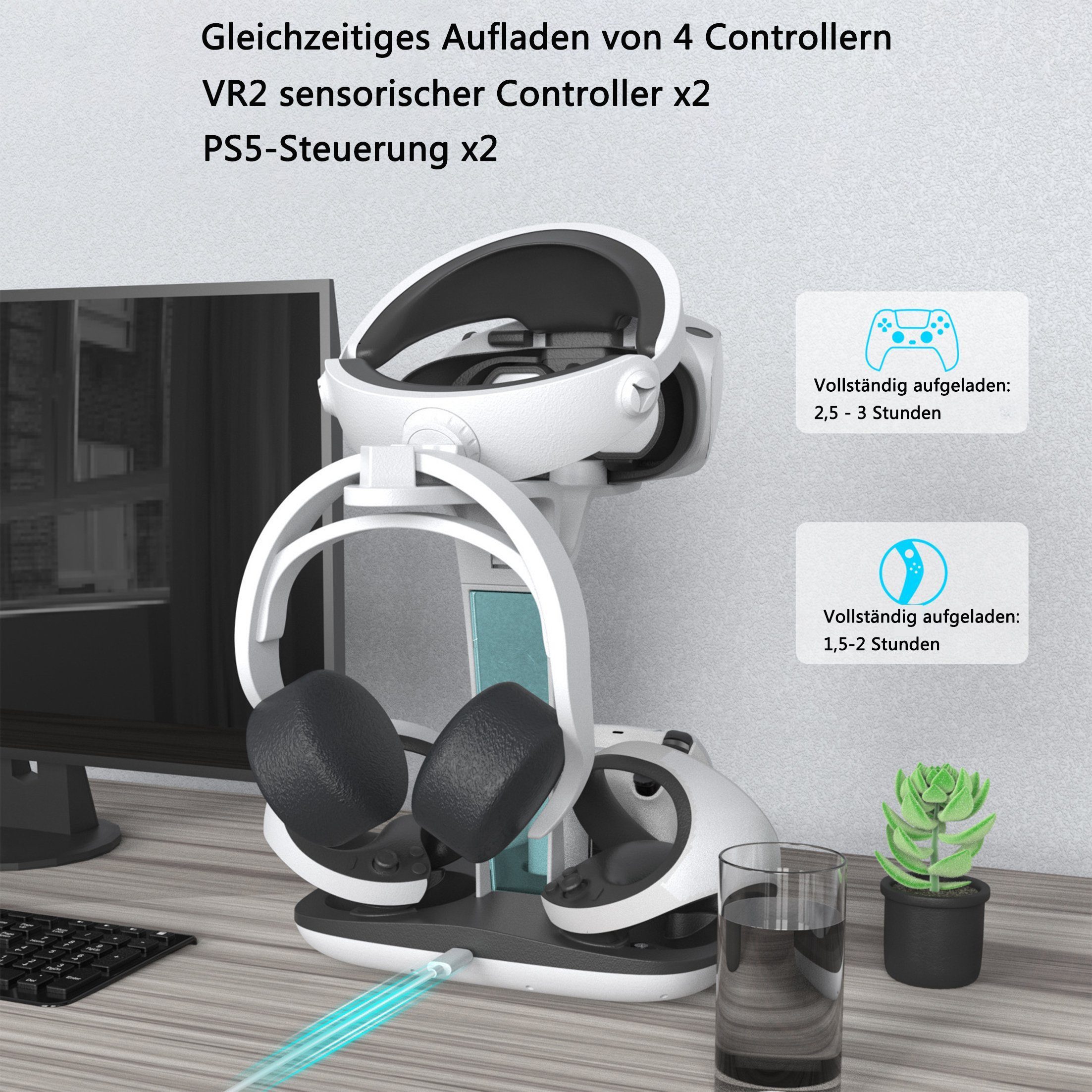 KINSI PS VR2 Ladestation mit Magnet Laden,Lade-Dock für Controller&Headset Controller-Ladestation (Kompatibel mit PlayStation 5,Stauraum Regal)