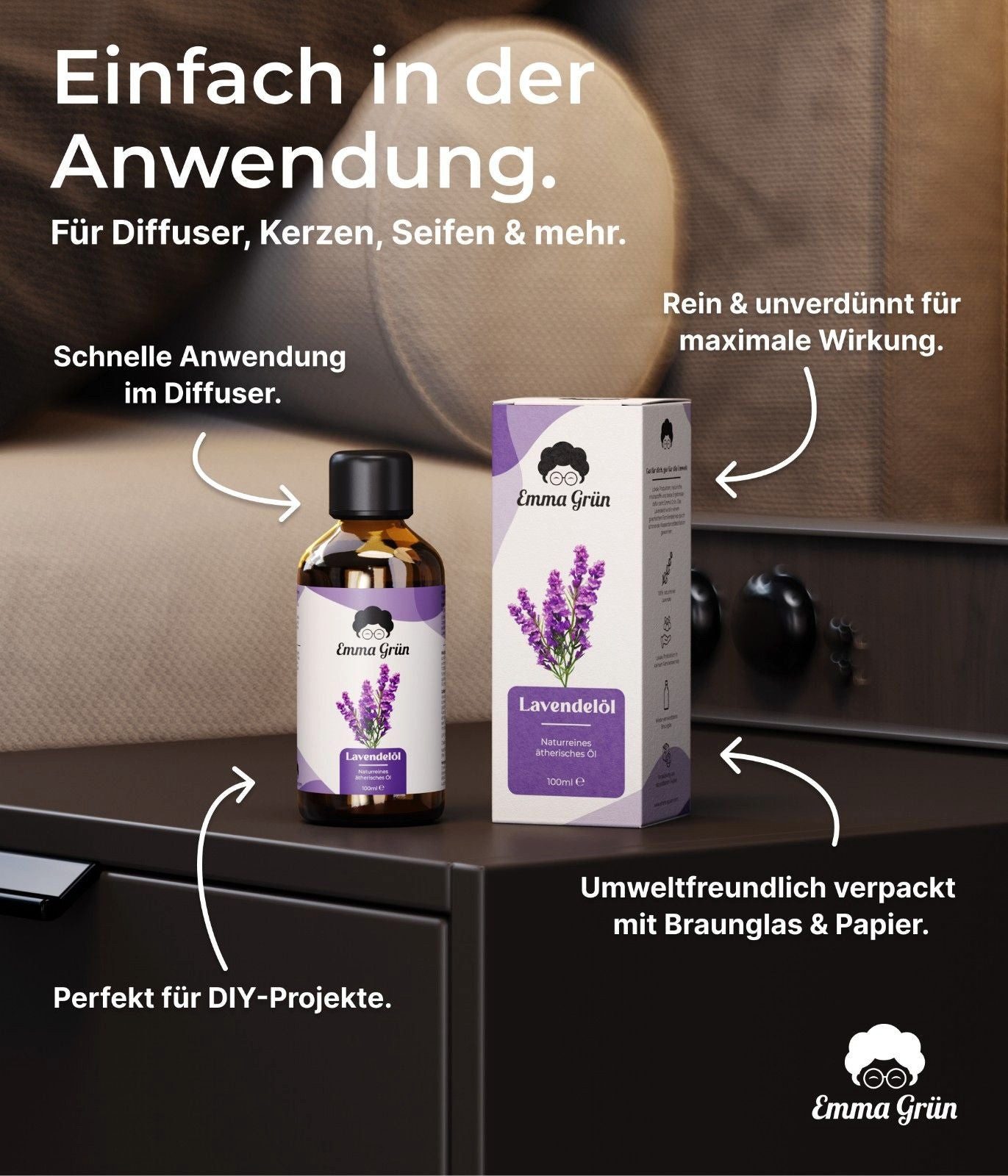 Emma Grün Duftöl Lavendel, ätherisches, natürliches Essential Oil (1x, 2x oder 5x 100 ml), Hochwertige Qualität, vielseitig verwendbar