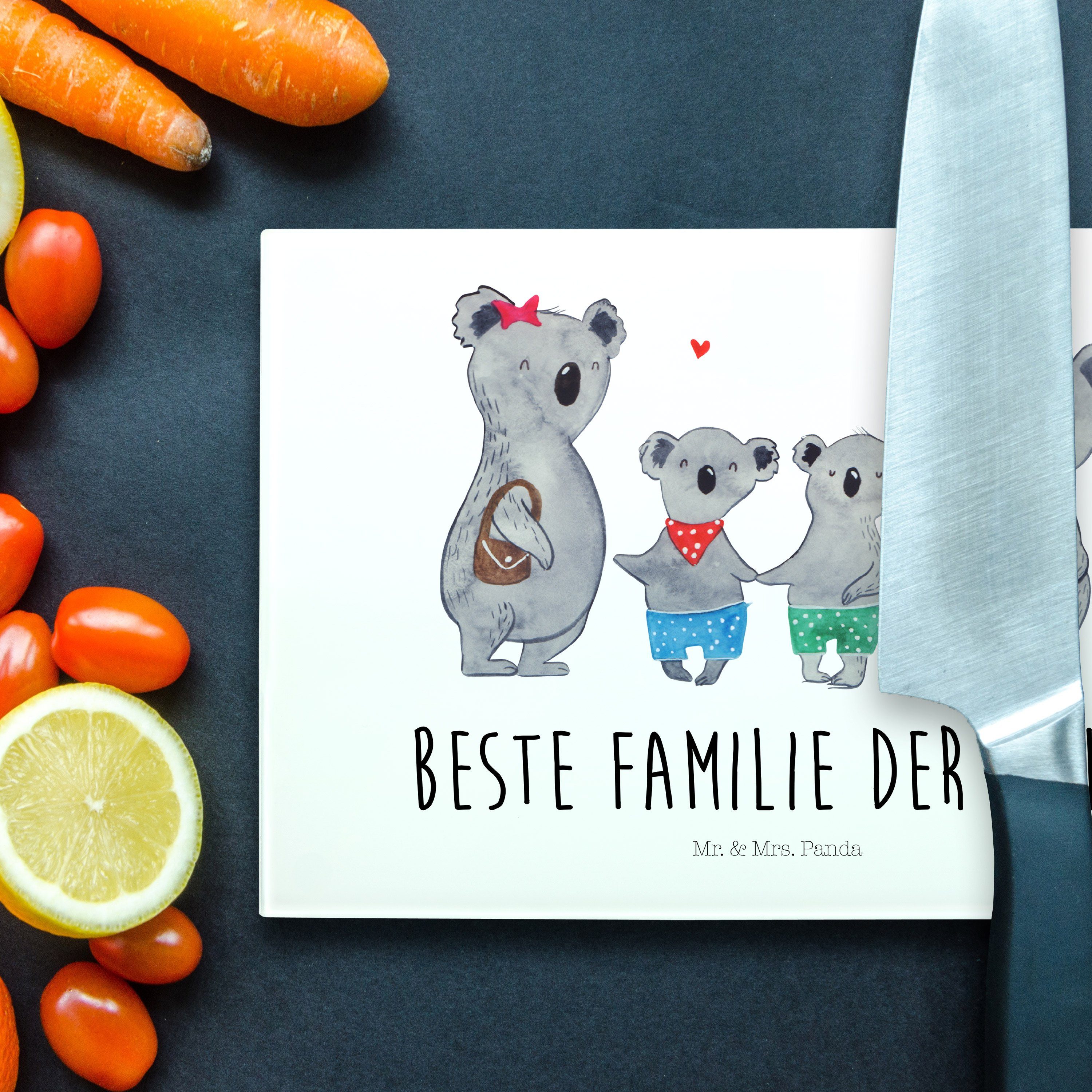 Familie, Premium Familienzeit, Geschenk, Mrs. Familie - beste Panda Weiß zwei Gl, Glas, (1-St) & Koala Mr. Servierbrett -