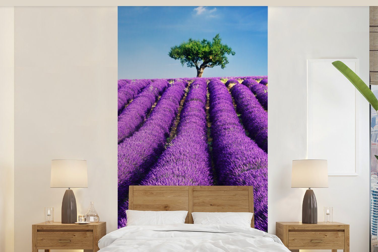 bedruckt, Küche, sonnigen einem Matt, lila St), Wohnzimmer Fototapete Schlafzimmer MuchoWow (2 für Fototapete Vliestapete Lavendelfeld Tag, an Ein blühendes