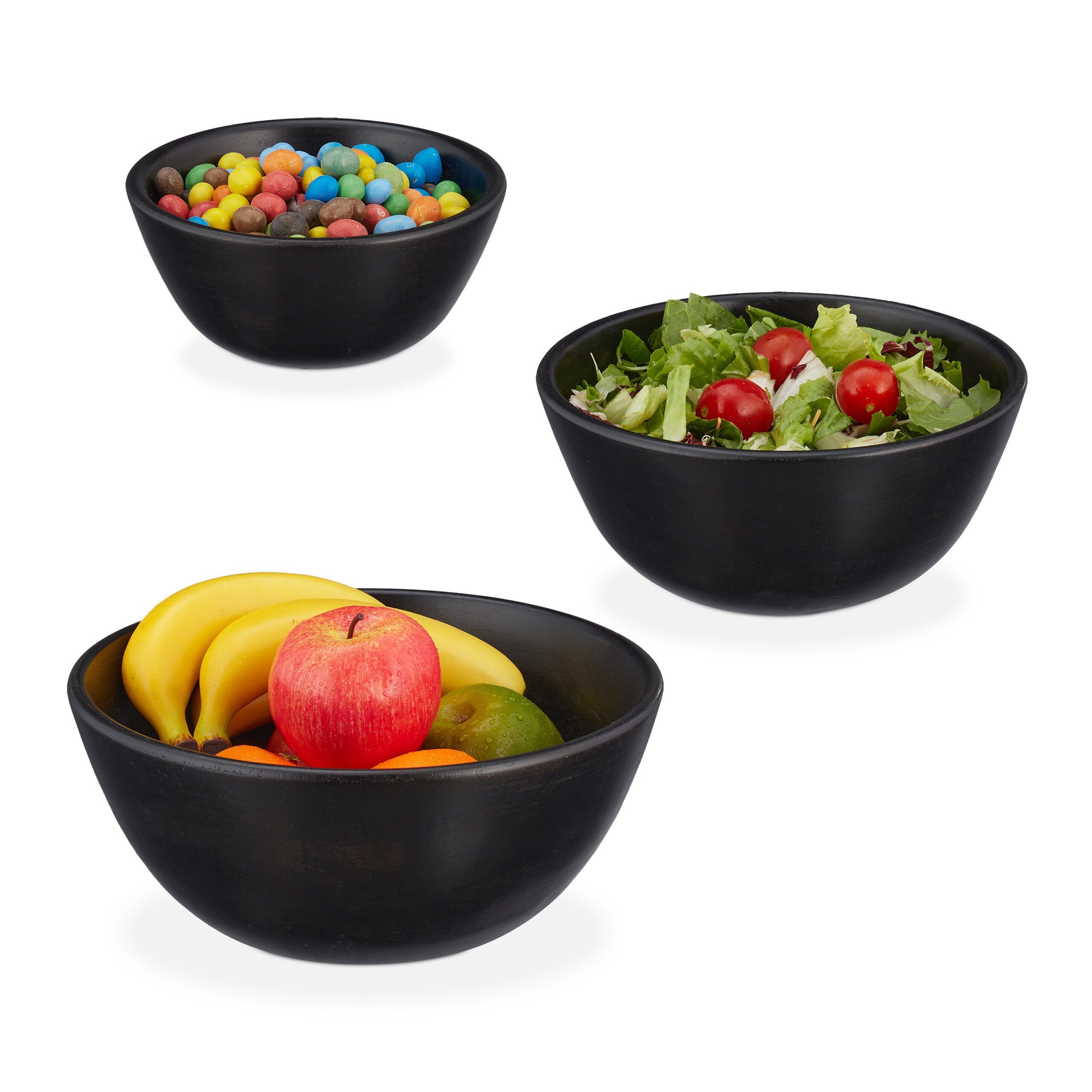 relaxdays Salatschüssel 3er Set schwarz, Holz