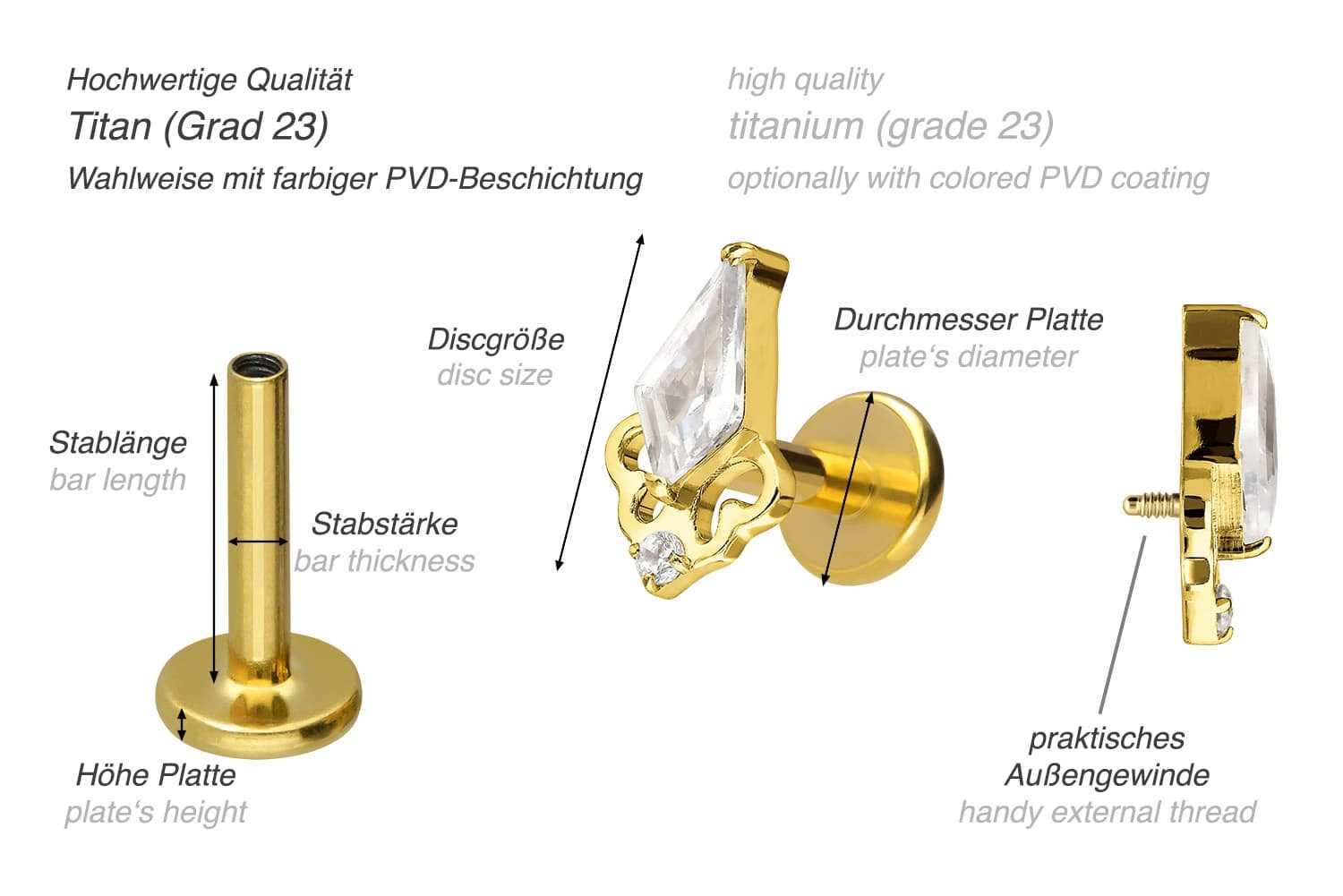 PIERCINGLINE Piercing-Set Titan Labret mit Innengewinde KRISTALLSCHILD (Labrets, 1-tlg)