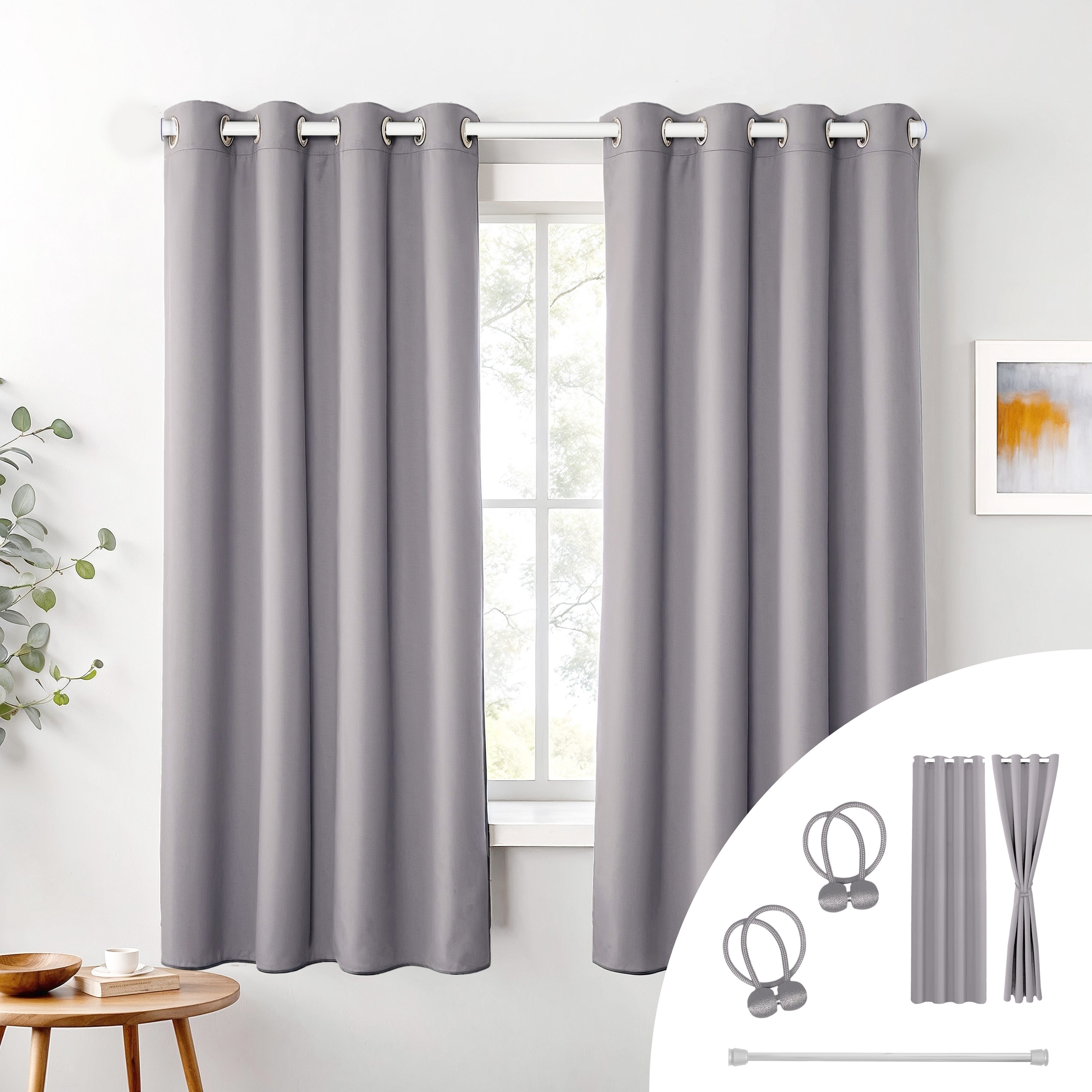 Cozyor Vorhang Set mit 2x Gardine + 2x Vorhanghalter + 1x Gardinenstange ohne Bohren (2 St), Ösen, verdunkelnd, Verdunklungsstoff, Raumteiler blickdicht, Thermovorhang 175x135cm inklusive Magnethaltern