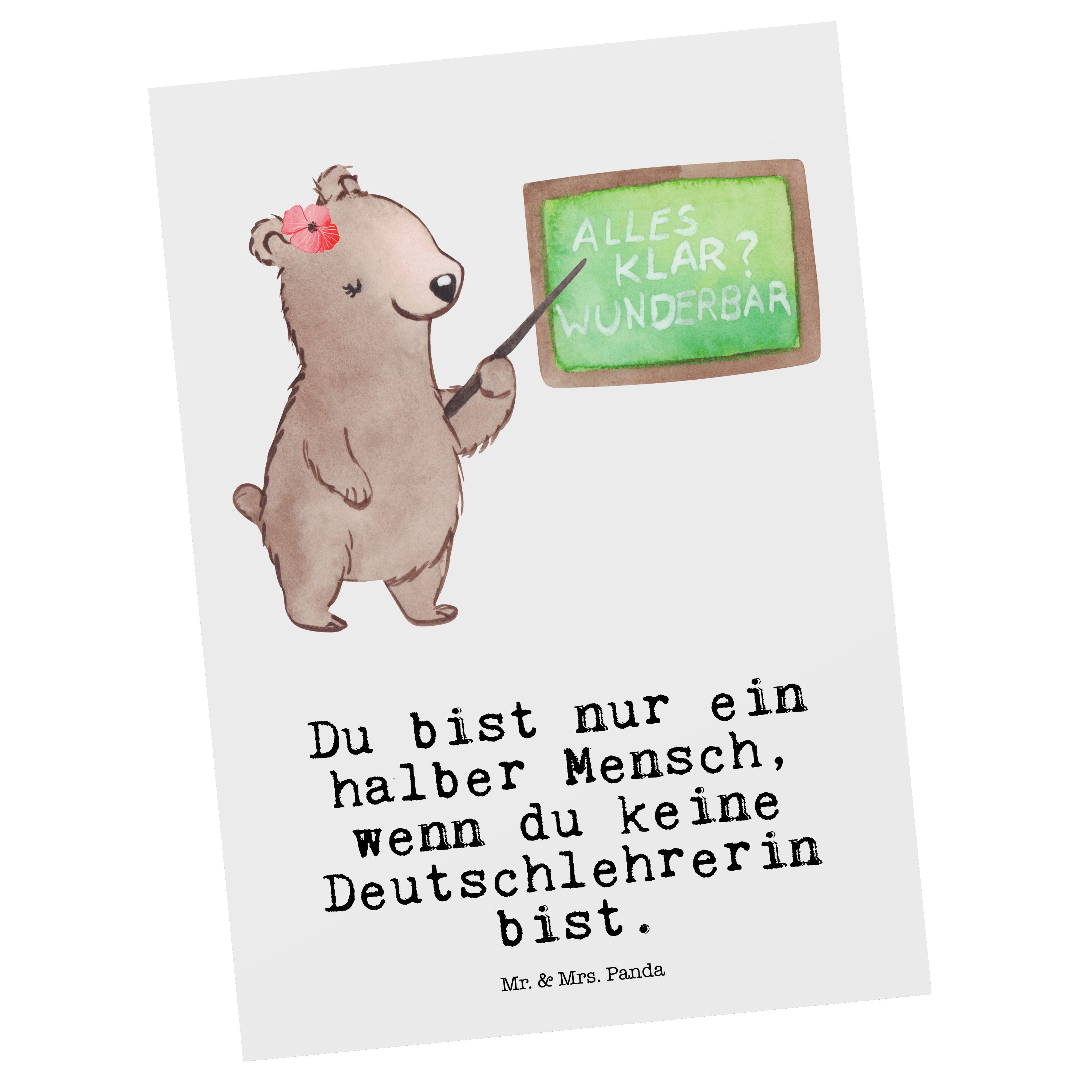 Mr. & Mrs. Panda Postkarte Deutschlehrerin mit Herz - Weiß - Geschenk, Schule, Grundschule, Dank