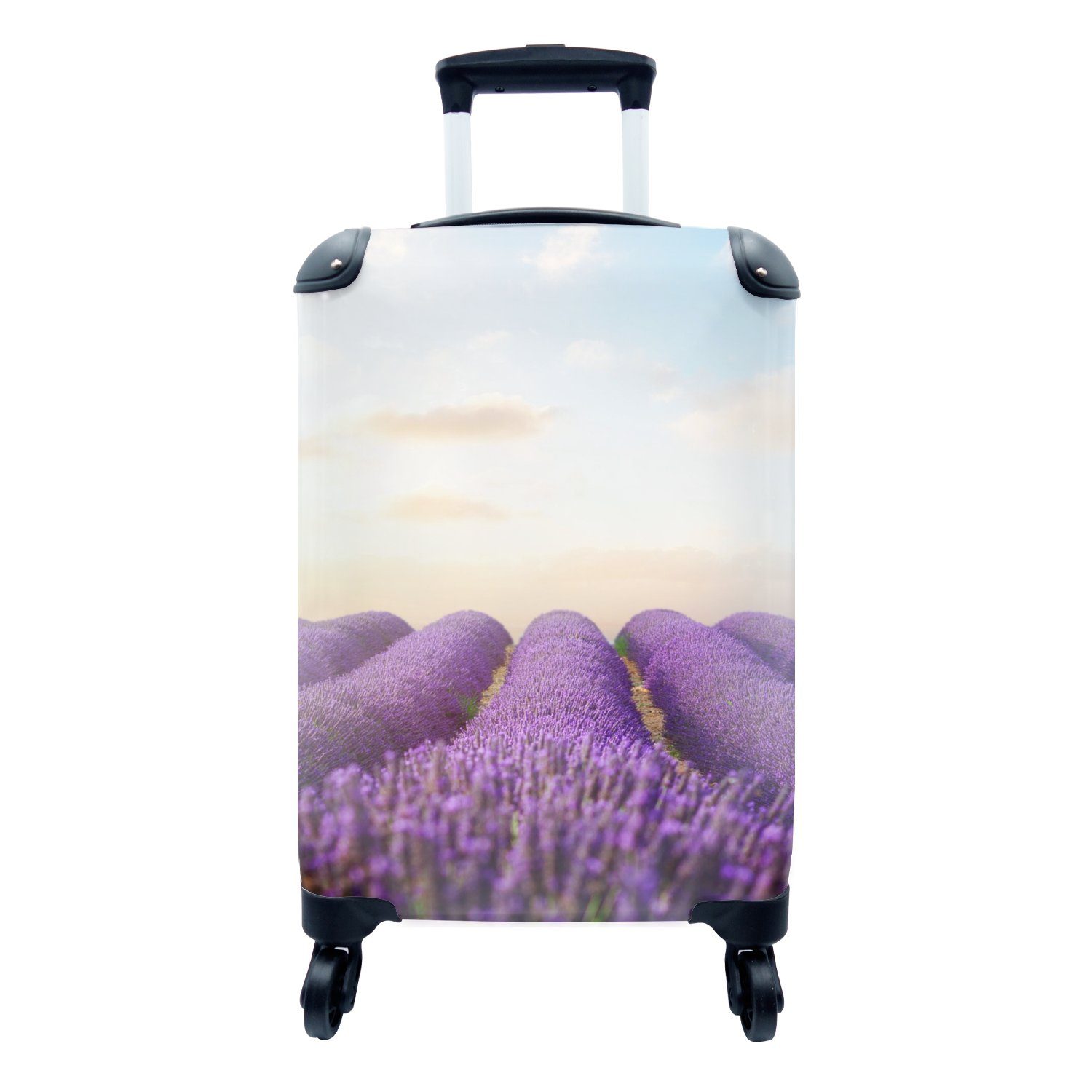 MuchoWow Handgepäckkoffer Lavendel - Himmel - Wolken - Blumen, 4 Rollen, Reisetasche mit rollen, Handgepäck für Ferien, Trolley, Reisekoffer