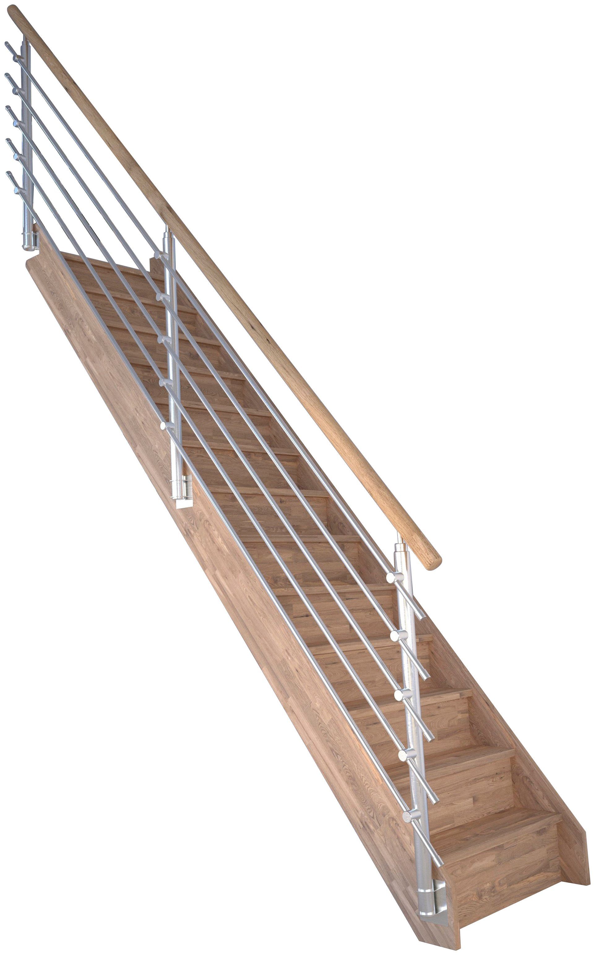 Starwood Raumspartreppe Massivholz Rhodos, Design-Geländer Edelstahl, für Geschosshöhen bis 300 cm, Stufen geschlossen, Durchgehende Wangenteile