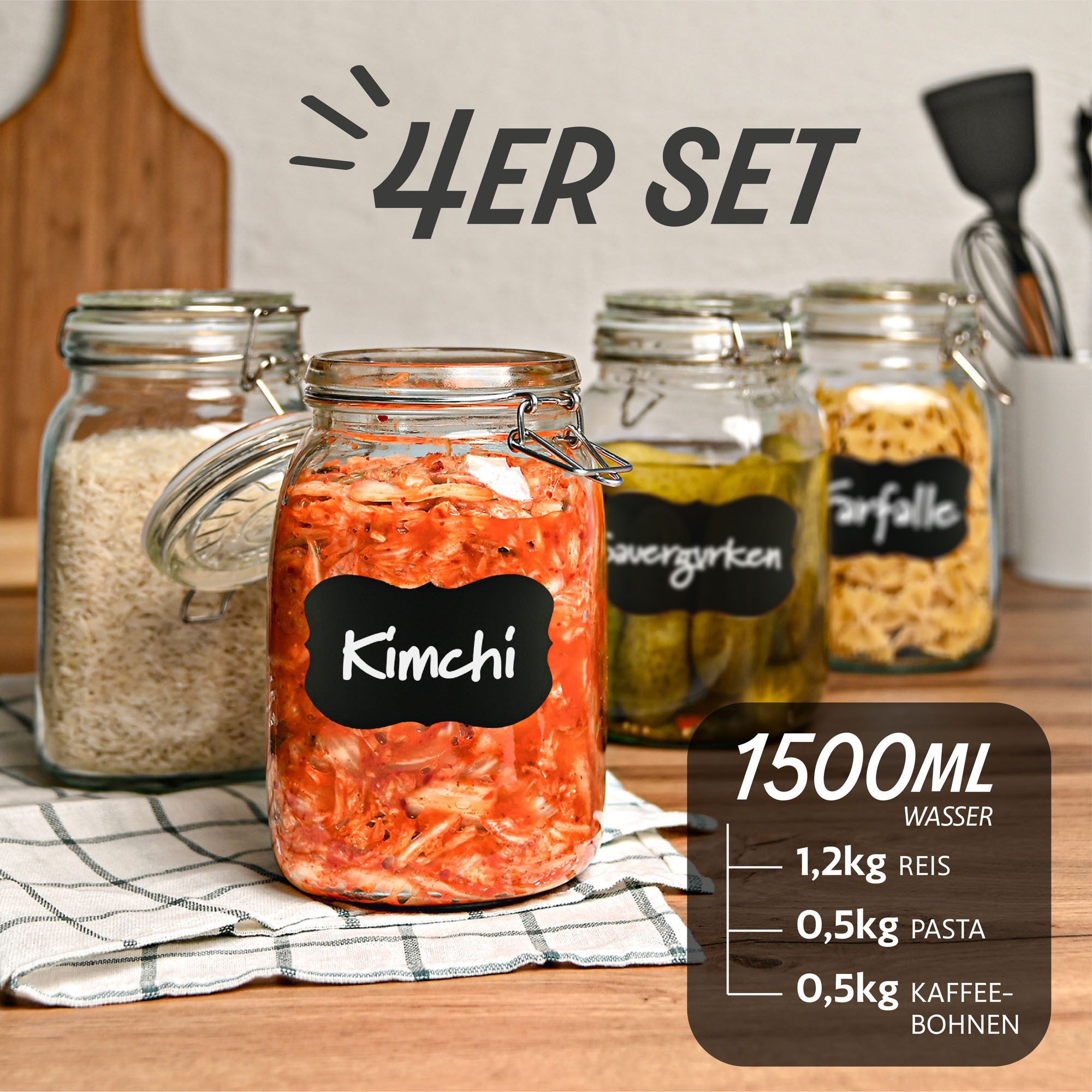 Praknu Vorratsglas 4 Einmachgläser mit Bügelverschluss 1,5l - Mit Etiketten, Stift und, Glas, (Set, 4-tlg., 4 Einmachgläser 1500 ml, Bügelverschluss, Etiketten, – Bild 2 von 5