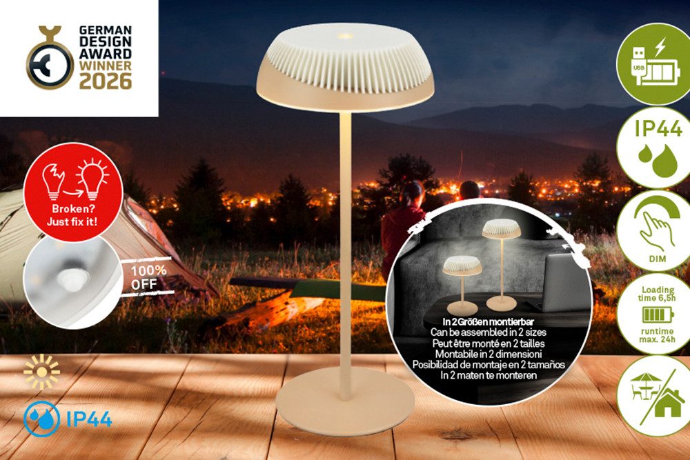 Briloner Leuchten LED Tischleuchte ALUSTA, LED fest integriert, 14x32 cm, Akku tauschbar, Indoor/Outdoor, Wohnzimmer, Flur, Balkon