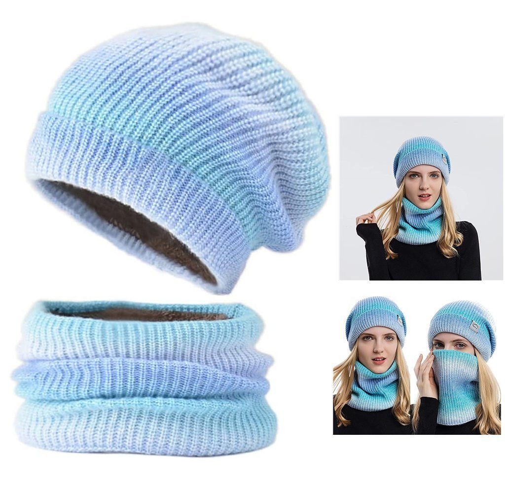 XDeer Mütze & Schal Wintermütze Strickmütze mit Schal Damen Warme Mütze Wintermütze Mütze Schal Set,Wollmütze mit Farbverlauf Blau