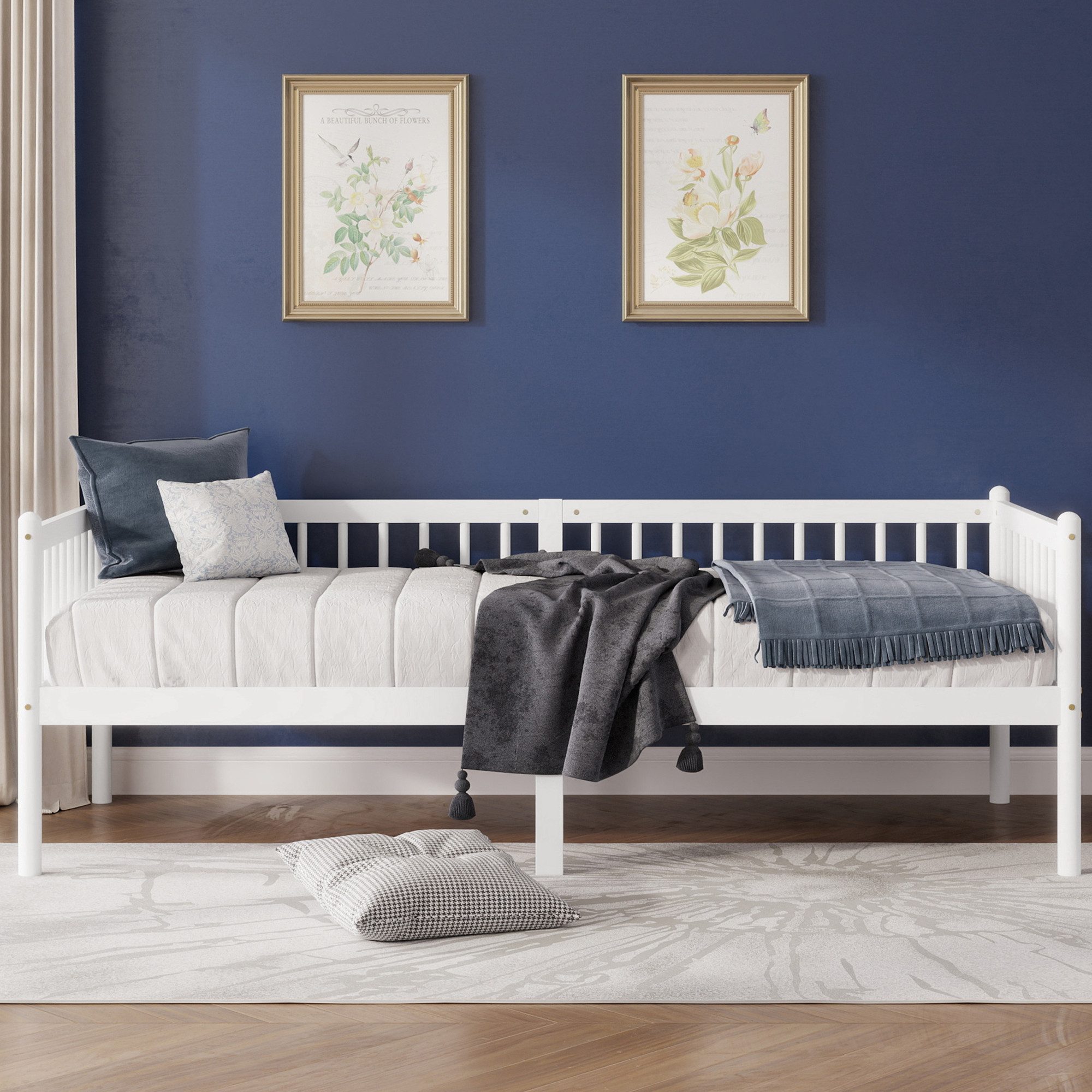 Celya Holzbett Schlafsofa 90 x 200 cm mit 3-seitigem Geländer und 14 Stützlatten (ohne Matratze, 2-in-1-Design, mit Stauraum unter dem Bett), Ideal für für Kinder-, Jugend- oder Gästezimmer