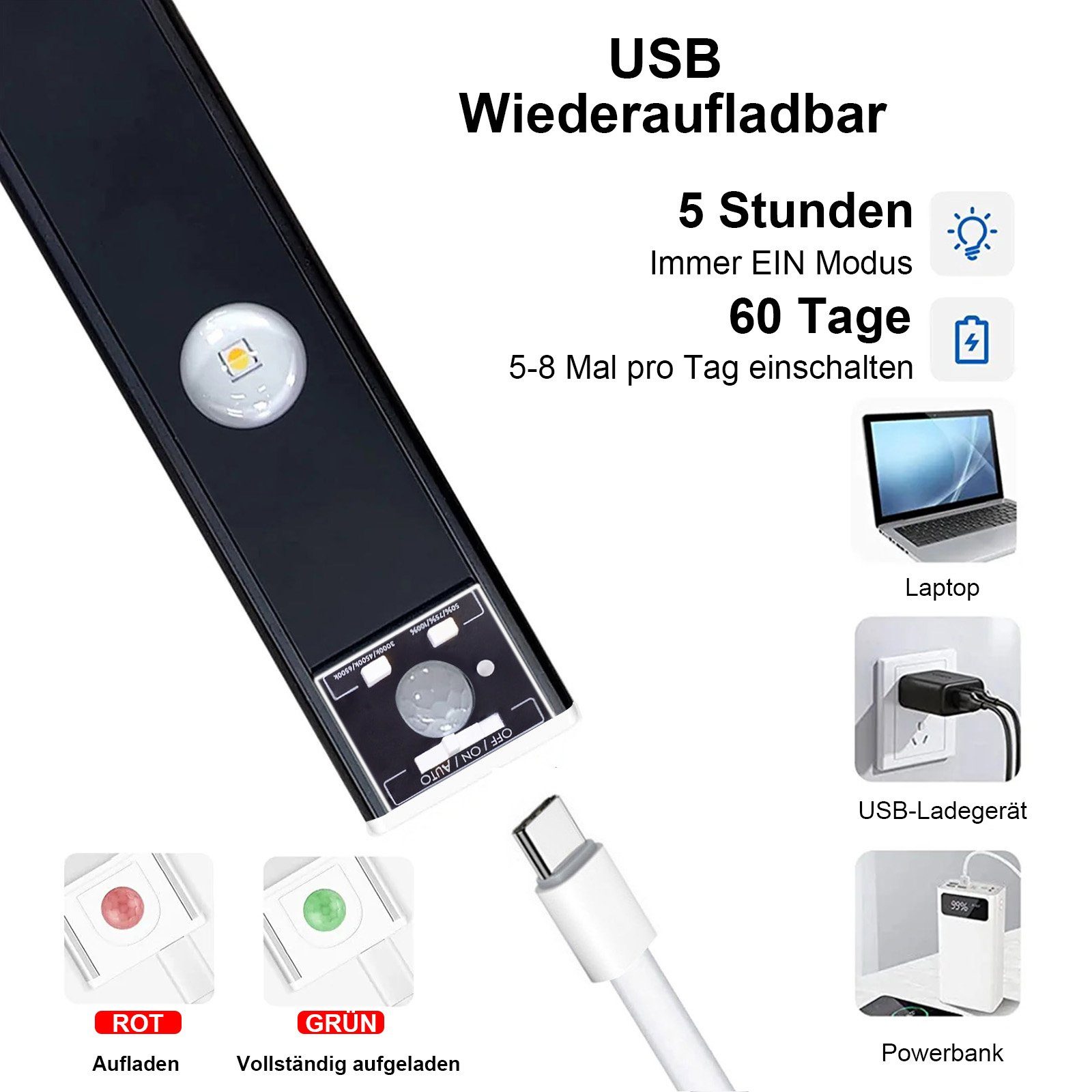 Rosnek LED Lichtleiste Wiederaufladbar, 3 Lichtfarben, Warmweiß, für Bewegungssensor, 6500K 4500K dimmbar, Kaltweiß, 3000K Garderobe Treppe, magnetisch, Schrank Schlafzimmer Küche Deko Naturweiß