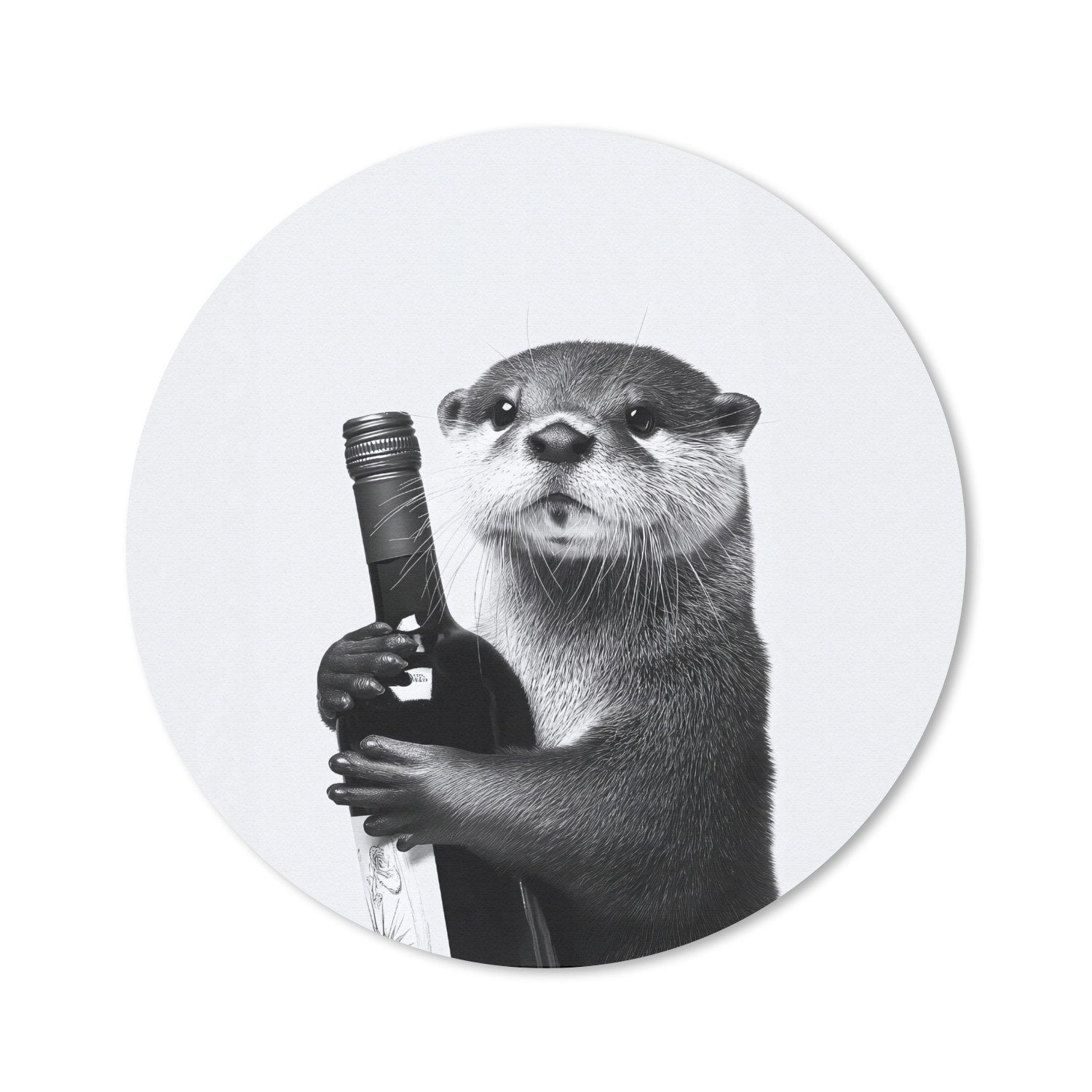 MuchoWow Mauspad Weinflasche - Otter - Schwarz (1-St), Mousepad mit Rutschfester Unterseite, Gaming, Rund, 30x30 cm