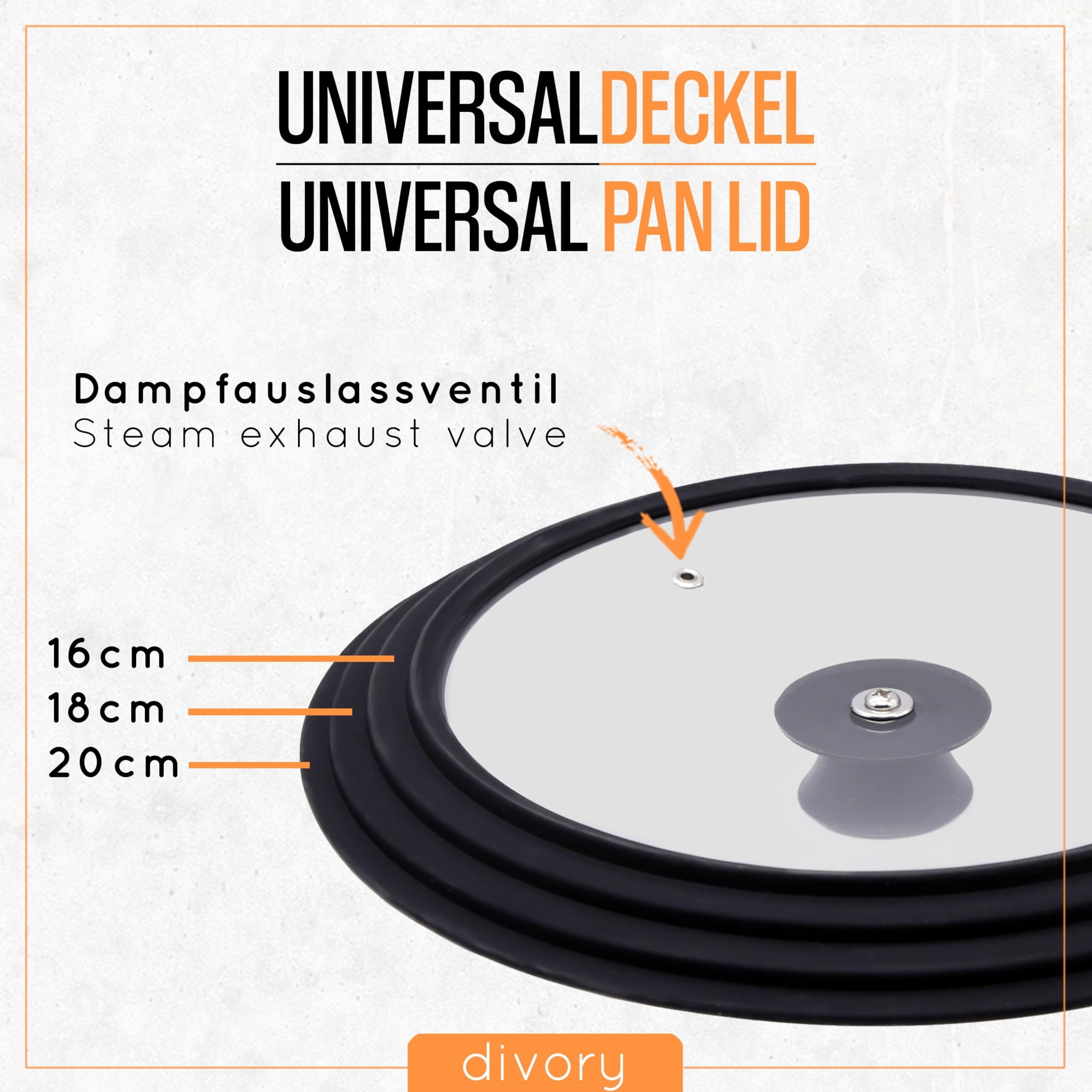 divory Pfannendeckel Universaldeckel Pfanne - in mehreren Größen, (Glasdeckel abgestufter Silikonrand, Deckel für Pfannen und Töpfe), Topfdeckel oder Pfannendeckel hitzebeständig