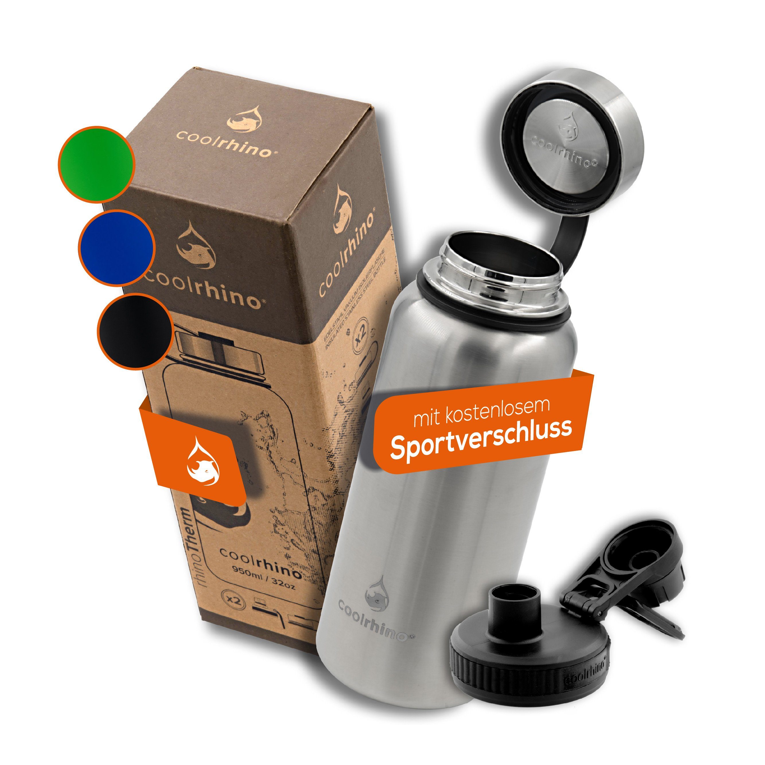coolrhino Isolierflasche rhinoTherm Edelstahl Trinkflasche 530 ml / 950 ml, Kohlensäure geeignet, BPA-frei Thermosflasche doppelwandig