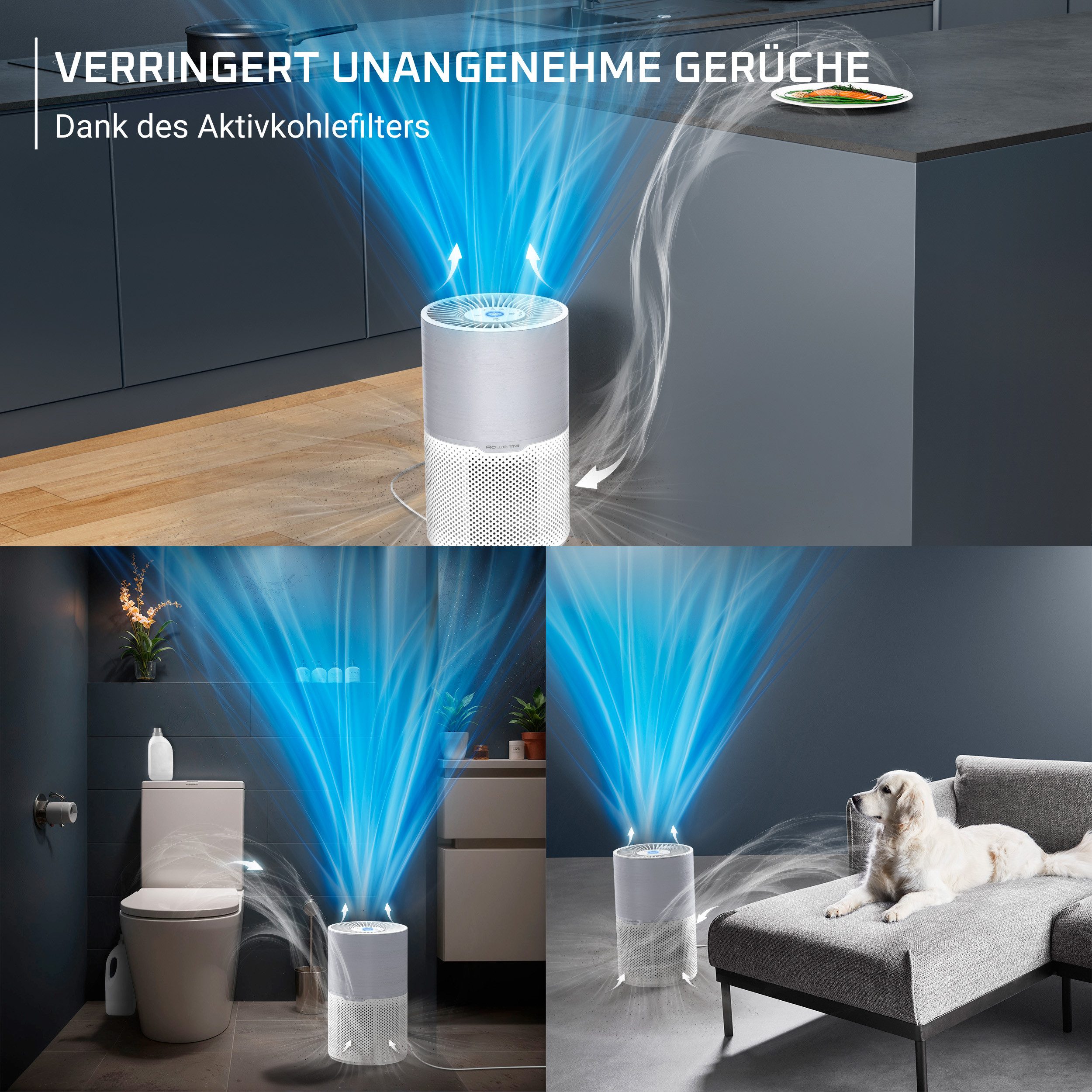 Rowenta Luftreiniger Pure Air Compact, Echtzeit-Luftqualitätsanzeige, für 52 m² Räume, 3-in-1 Filterung, Energieeffizienter Luftreiniger mit Digitalmotor