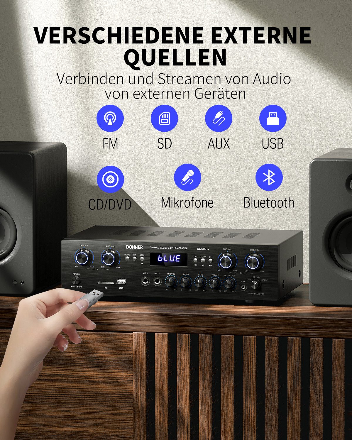 Donner Audioverstärker 2/4/6 Kanal Audio-Leistungsverstärker Stereoempfänger Verstärker (Anzahl Kanäle: 4, 440,00 W, 4 Kanäle, 2 Mikrofoneingänge, Bass, Höhen)