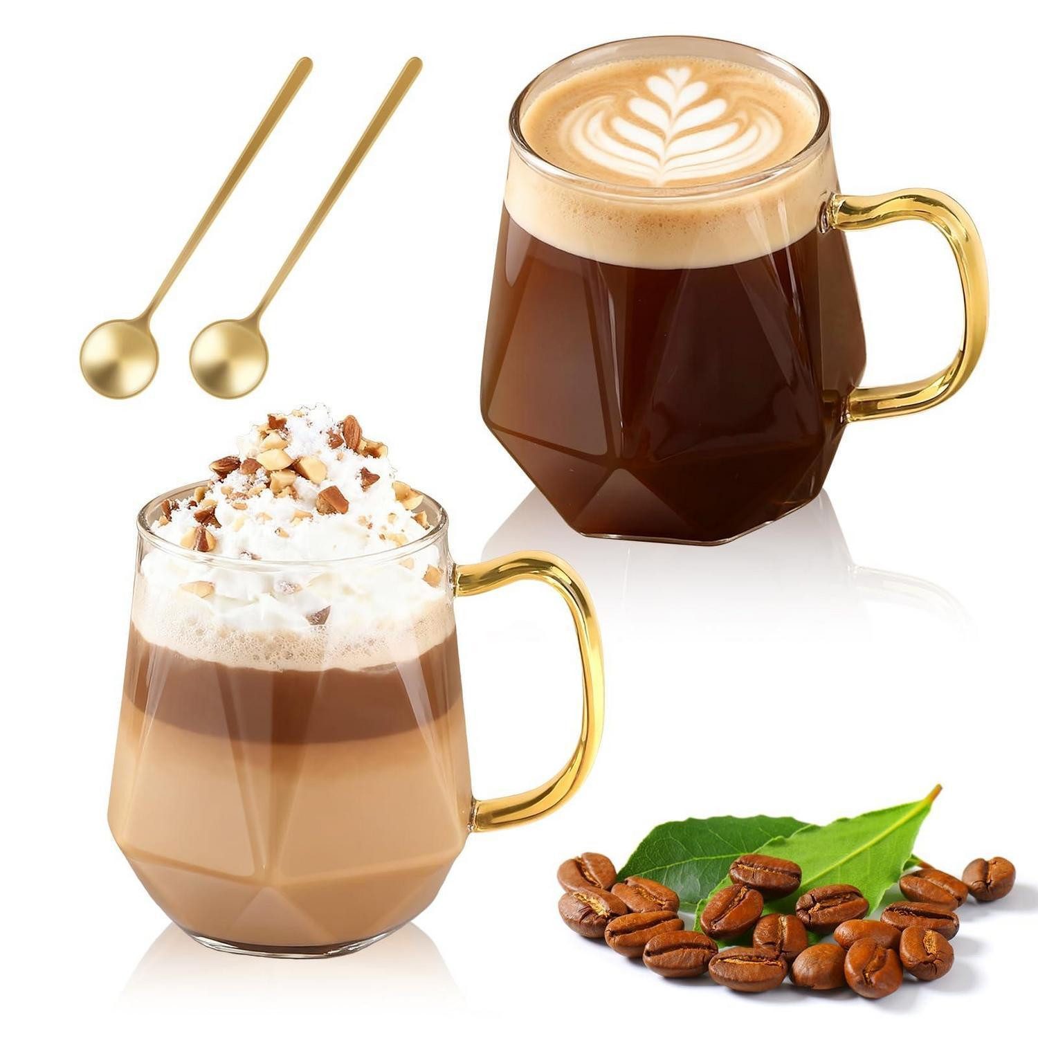 LuxusKollektion Latte-Macchiato-Glas Latte Macchiato Glas Set 2tlg 350ml mit Löffeln, Glas