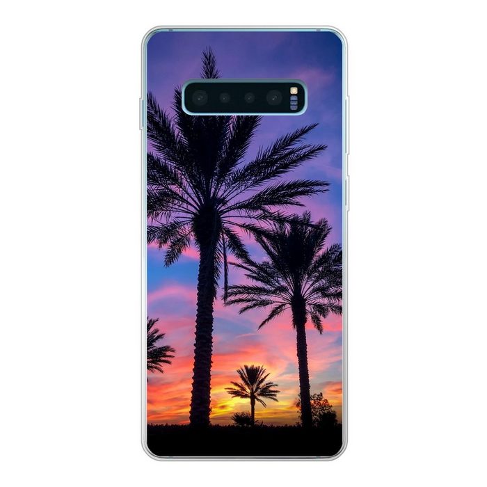 MuchoWow Handyhülle Palmen und ein Sonnenuntergang Phone Case Handyhülle Samsung Galaxy S10+ Silikon Schutzhülle