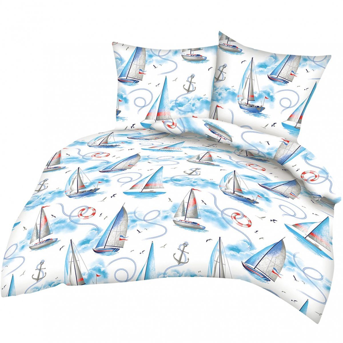 Heubergshop Bettwäsche, Seersucker, 2 teilig, 135x200cm + 80x80cm Segelschiff Maritime Anker 100% Baumwolle (817-1)