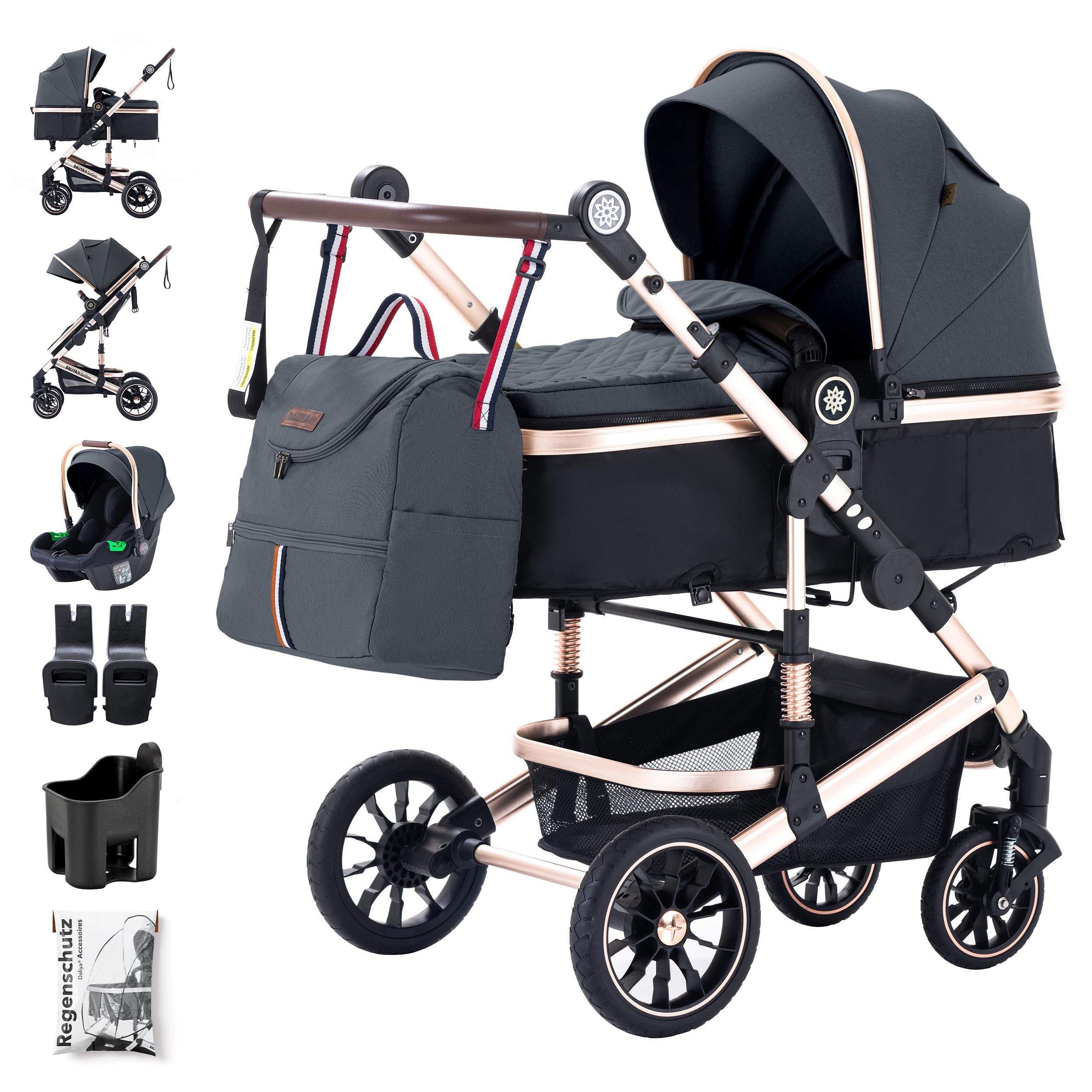 Daliya® Kombi-Kinderwagen NEOMOVE 3in1 Kinderwagen mit i-Size Babyschale & Buggy, (Reise-Set, 10-tlg), Kinderwagen mit i-Size Babyschale, Alu-Rahmen, Großer Einkaufskorb