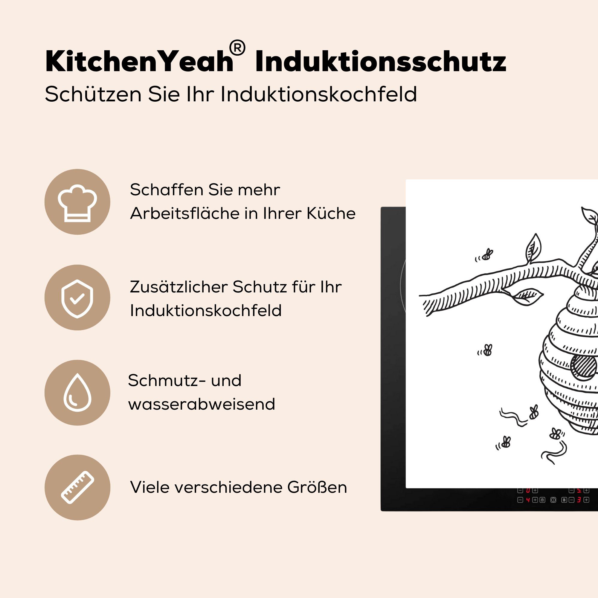 (1 Ceranfeldabdeckung Bienenstocks MuchoWow eines Zweig, Eine Schwarz-Weiß-Illustration Vinyl, nutzbar, Mobile Arbeitsfläche 60x52 tlg), cm, einem auf Herdblende-/Abdeckplatte