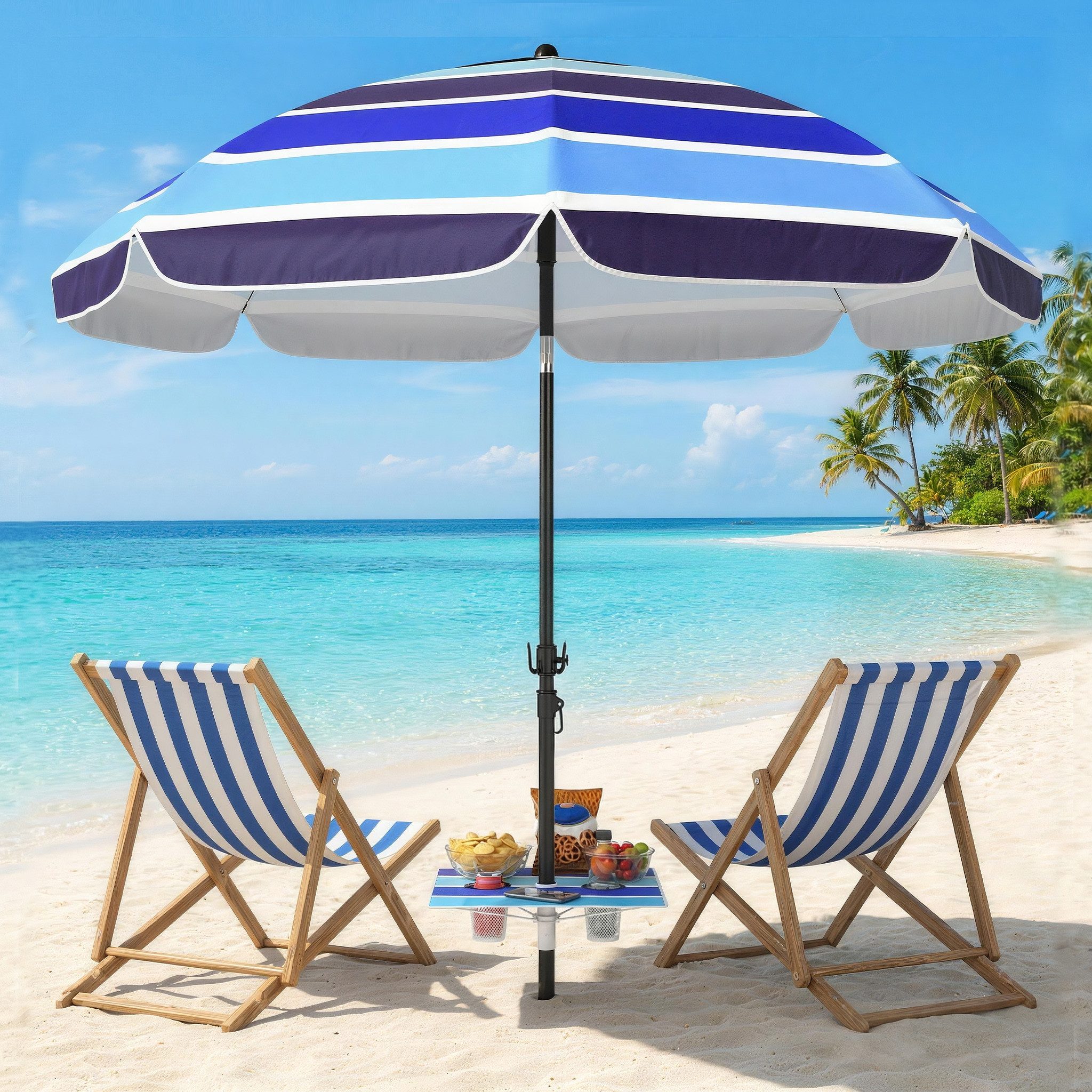 Outsunny Sonnenschirm Strandschirm mit klappbar Tisch Getränkehalter verstellbarer Neigung, LxB: 198x198 cm, Sonnenschirm Strand, Balkon-Schirm, für Reisen Strand Camping Mehrfarbig
