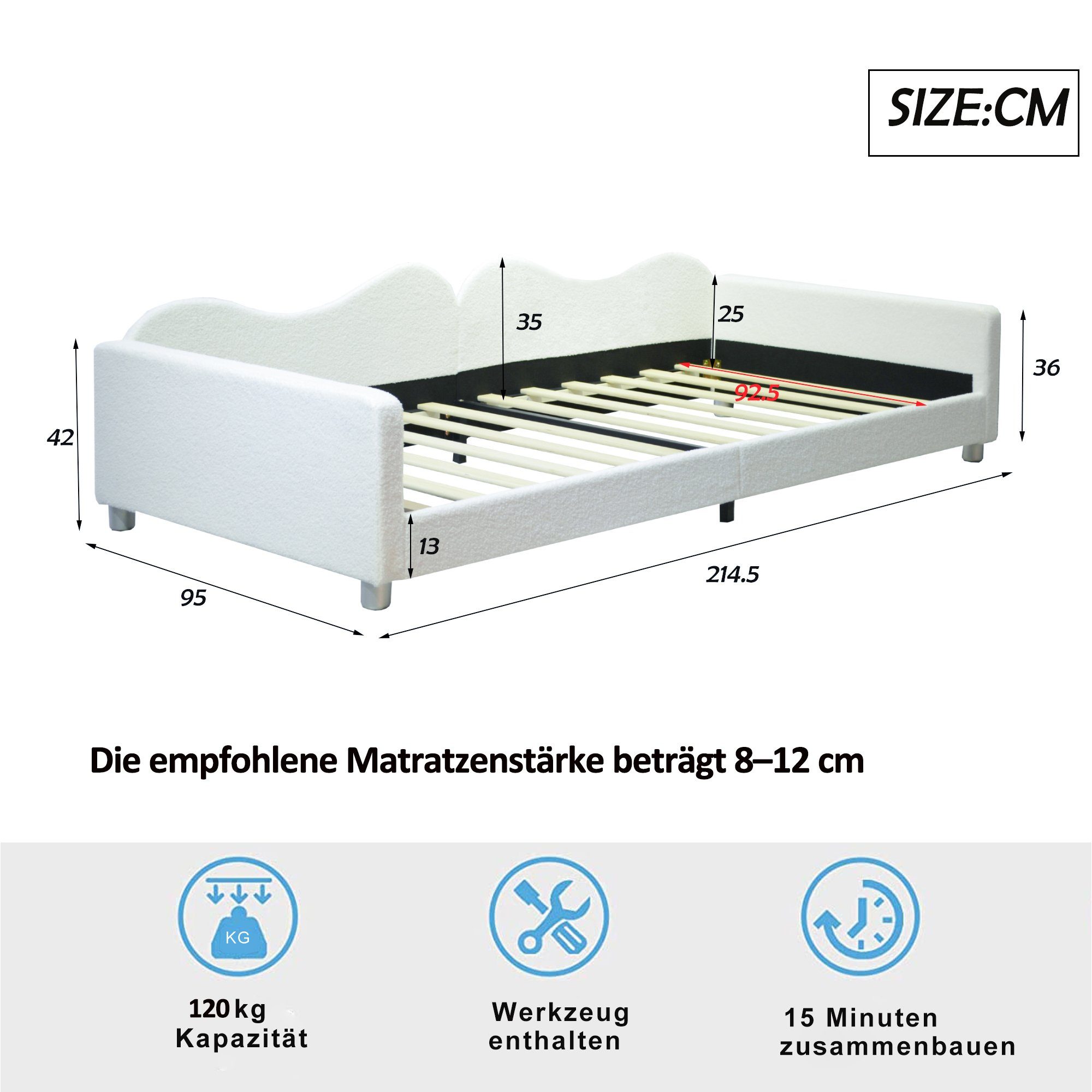 Flieks Polsterbett, Teddy-Samt Kinderbett Einzelbett Schlafsofa mit Lattenrost 90x200cm