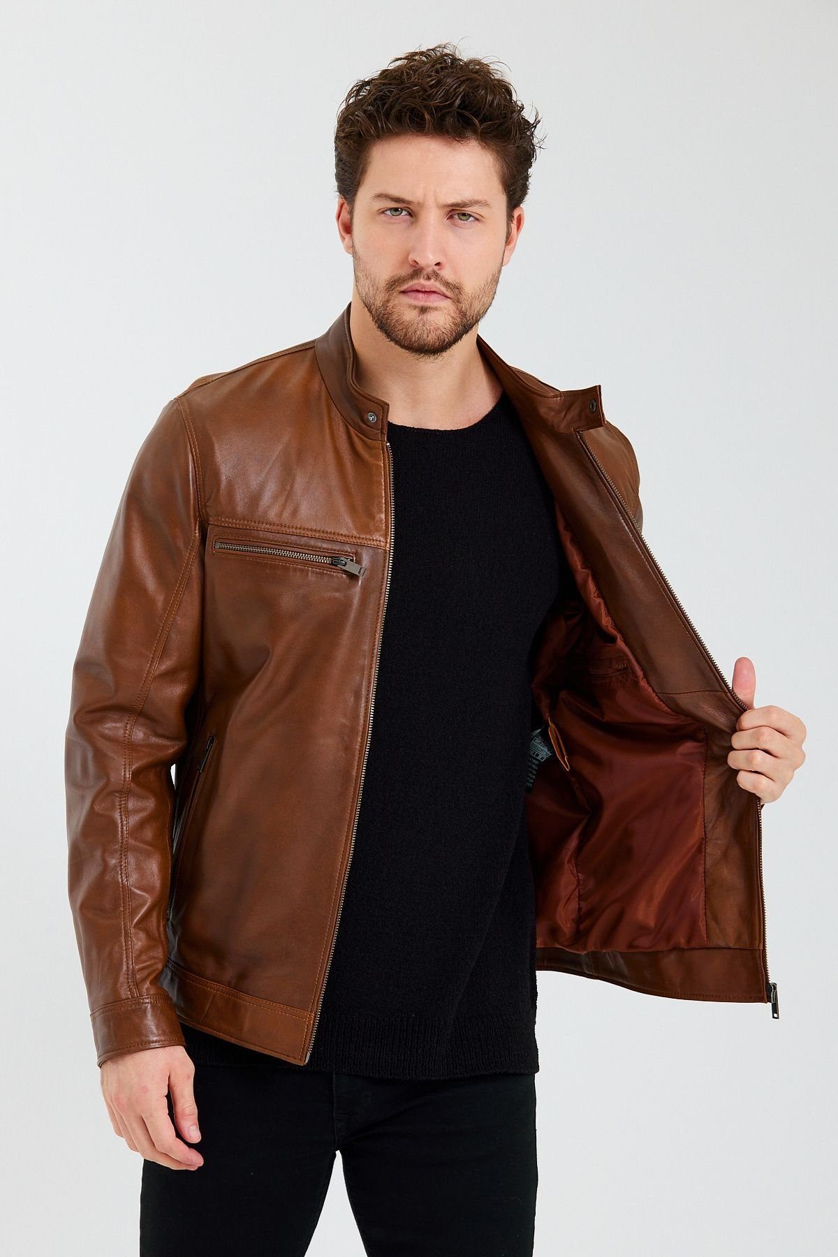 Ron Tomson Lederjacke Mit BROWN praktischem Reißverschluss