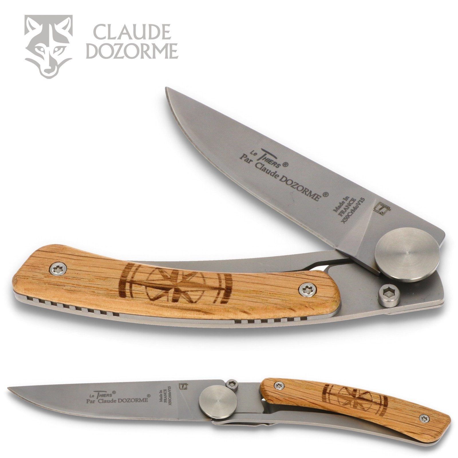 Claude Dozorme Taschenmesser 1.90.142.46BO, Le Thiers "Kompass" - Griff 10cm Eiche - LinerLock - Clip - Stahl matt