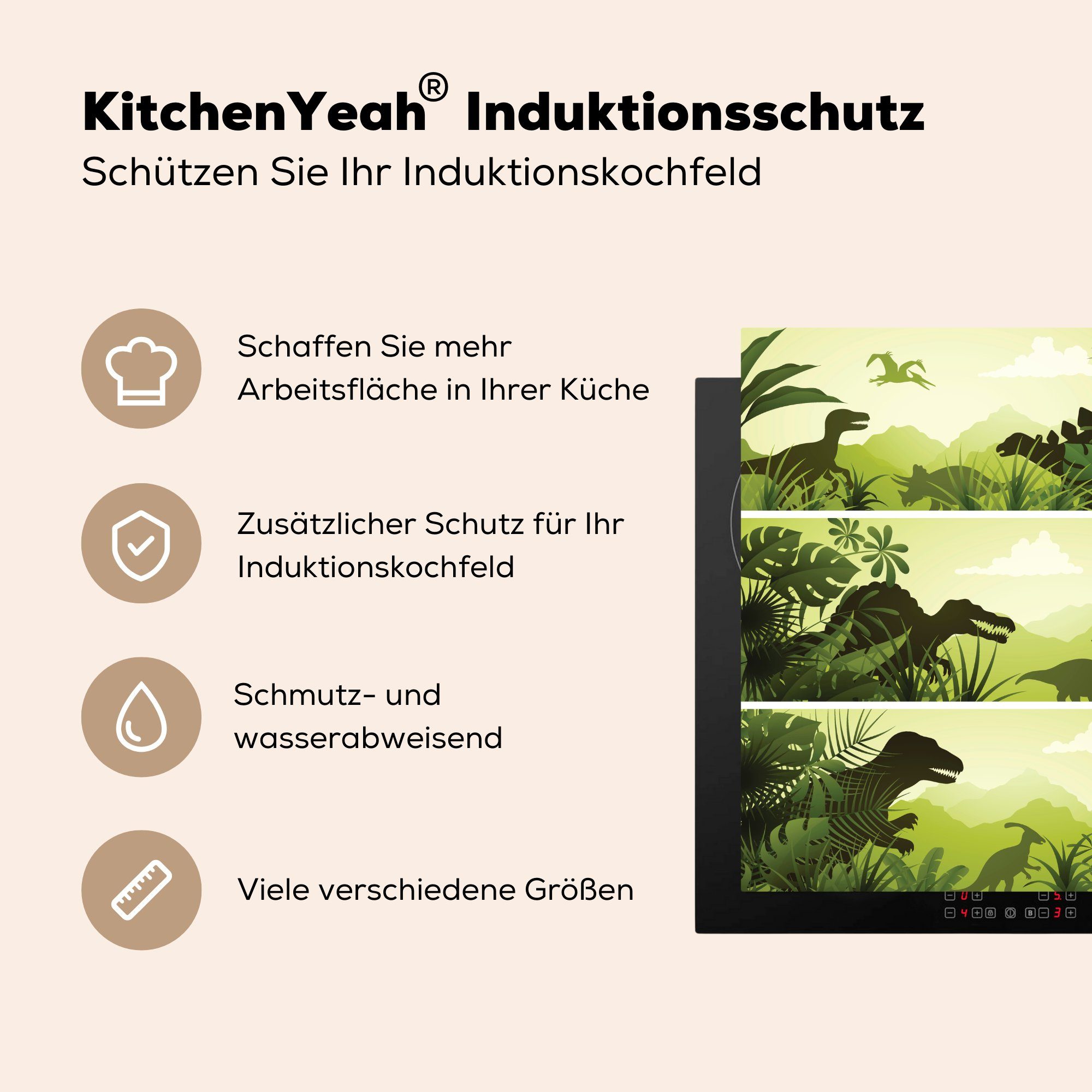 MuchoWow Herdblende-/Abdeckplatte Dinosaurier Illustration Dschungel Vinyl, (1 - - tlg), 78x78 für - cm, Kinder - Kind, Arbeitsplatte Ceranfeldabdeckung, küche