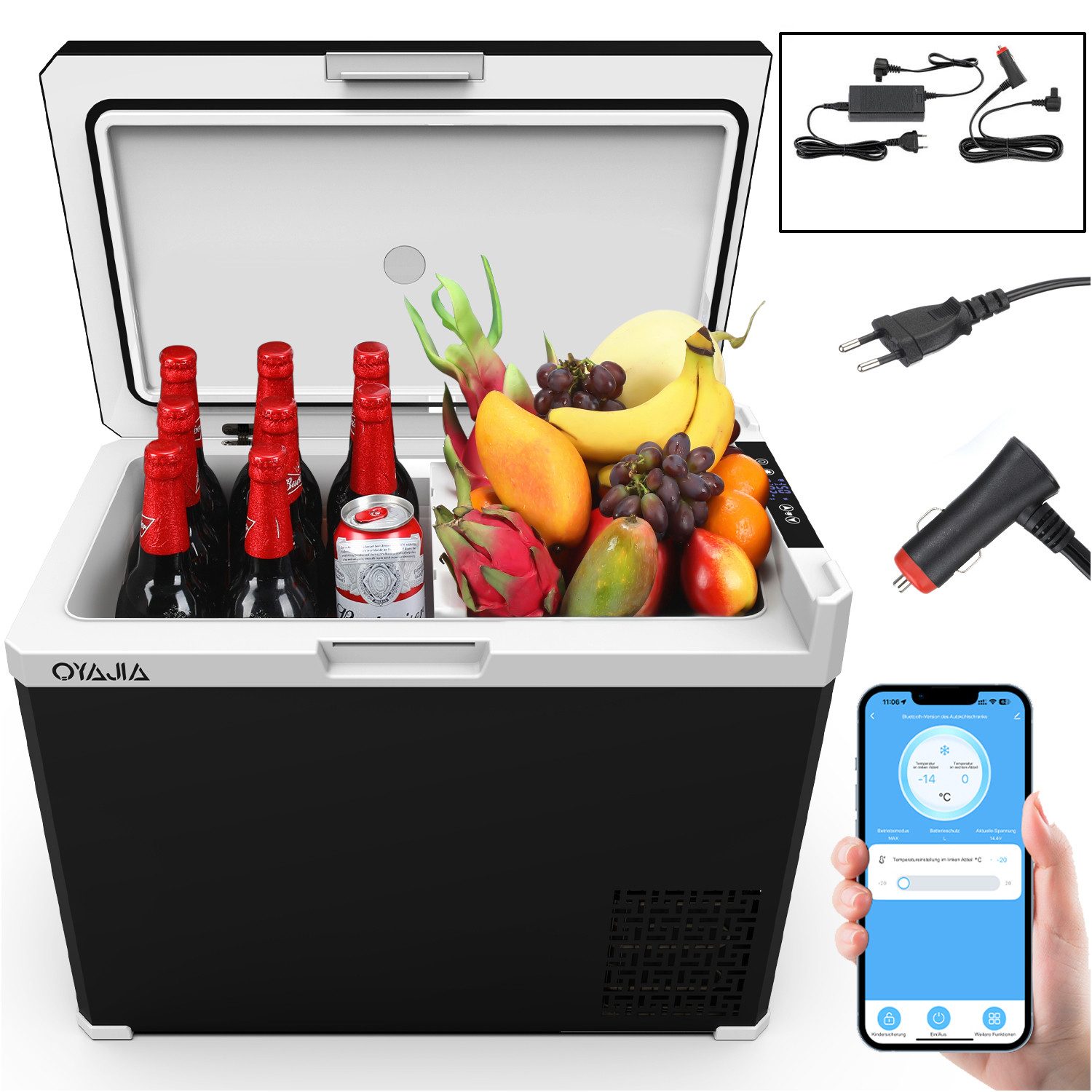 oyajia Elektrische Kühlbox Kompressor Gefriertruhe mobiler Kühlschrank, Kühltruhe, Gefrierbox, 50 l, Dual-Zone (20°C bis +20°C), 12V/24V/230V, APP Steuerung, Trennwand