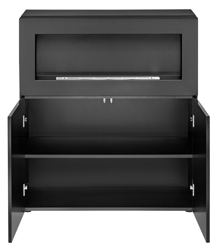 99rooms Highboard Camini Uni Schwarz Hochglanz, Schwarz Matt (Highboard, Wohnzimmerschrank), mit Kamin, viel Stauraum, aus Holzwerkstoff, Hochglanzfront