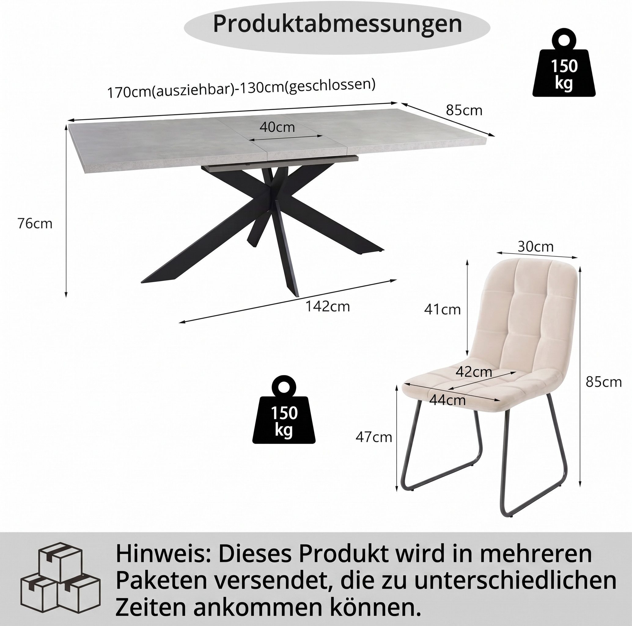 Jiexi Essgruppe Ausziehbare Essgruppe 130-170cm, MDF-Tisch & 4 Samtstühle – Bild 3 von 5