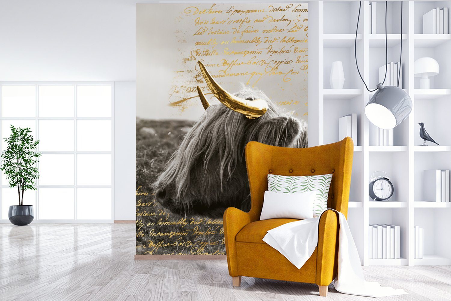 Fototapete Highlander (3 - Schottischer MuchoWow St), Wandtapete Montagefertig Matt, bedruckt, für Wohnzimmer, Text, Tapete Gold Vinyl -