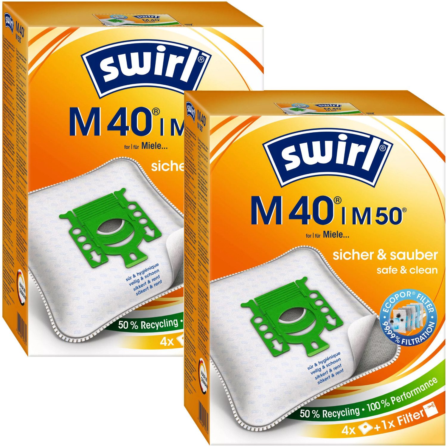 Swirl Staubsaugerbeutel Swirl M50 M 50, passend für Miele Staubsauger, inkl. 2 Filter - zuschneidbar, 8 St., Optimale Passform, EcoPor Qualität für lange Nutzungsdauer