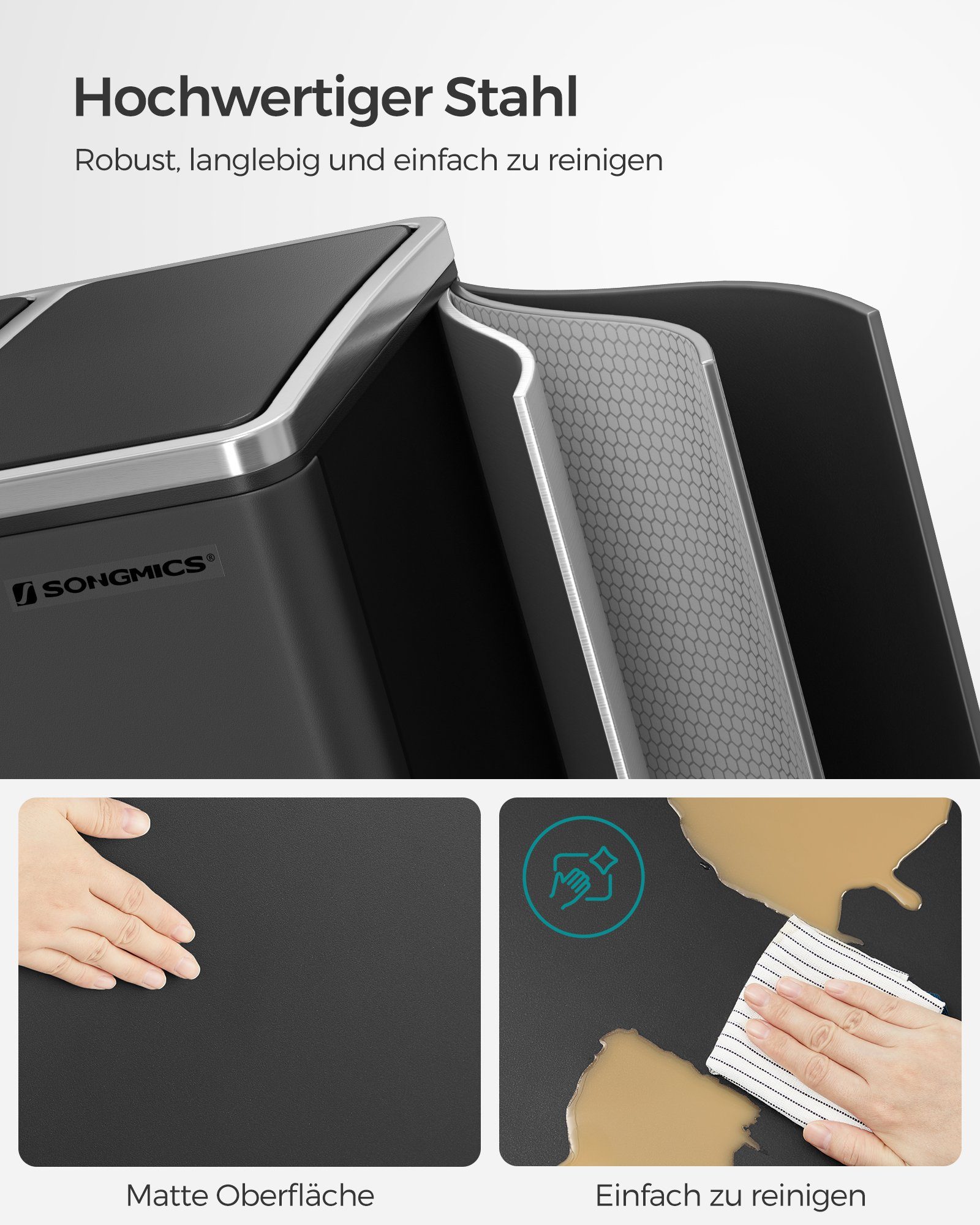 SONGMICS Mülleimer, Mülltrennsystem, 3 x 18 L, ergonomisch, 3 Fächer