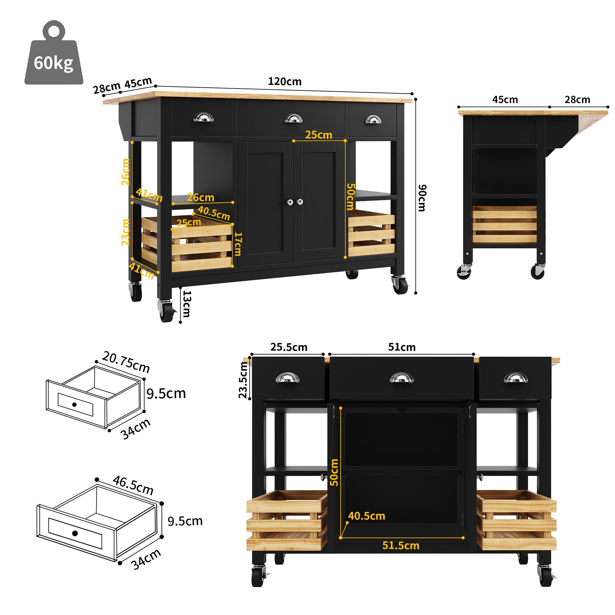 i@home Kücheninsel Küchenschrank, Essschrank, Esszimmerwage,360 Grad drehbare Räder, (Bis 60 kg belastbar, 2 Schiebetüren und 2 Schubladen,120×45×90cm), Multifunktions-Esstisch mit Kiefernkorb Aufbewahrungskorb, schwarz