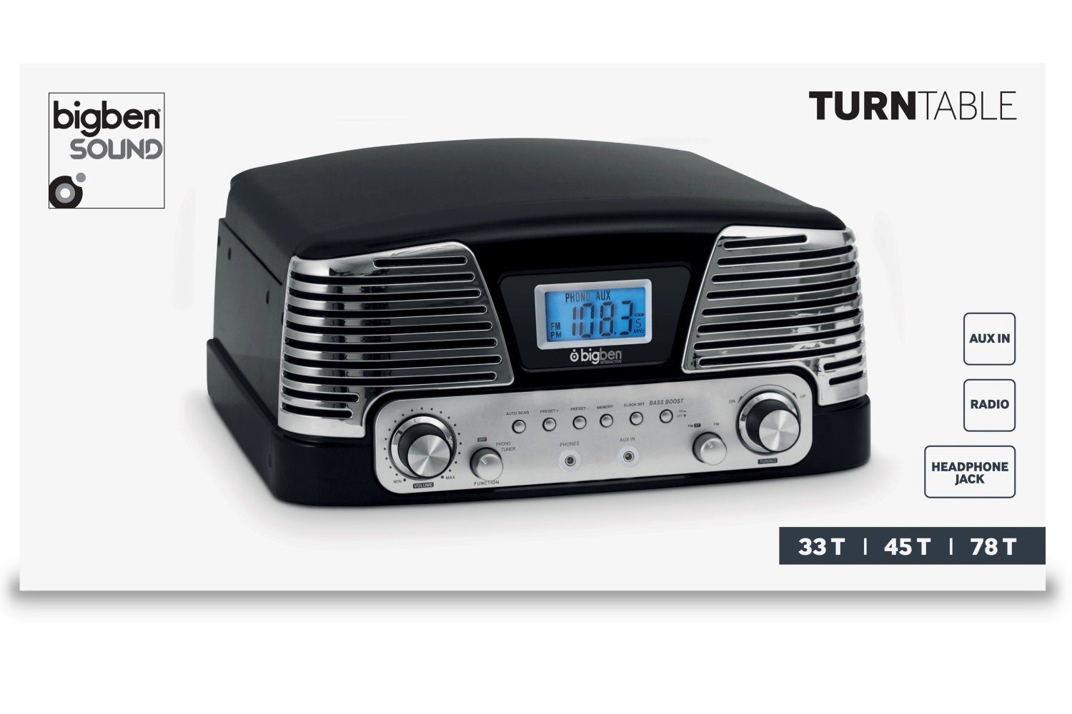 BigBen Kompakt-Anlage mit Plattenspieler Radio AUX) Radio, Verstärker, Display, (Stereo Audio-System