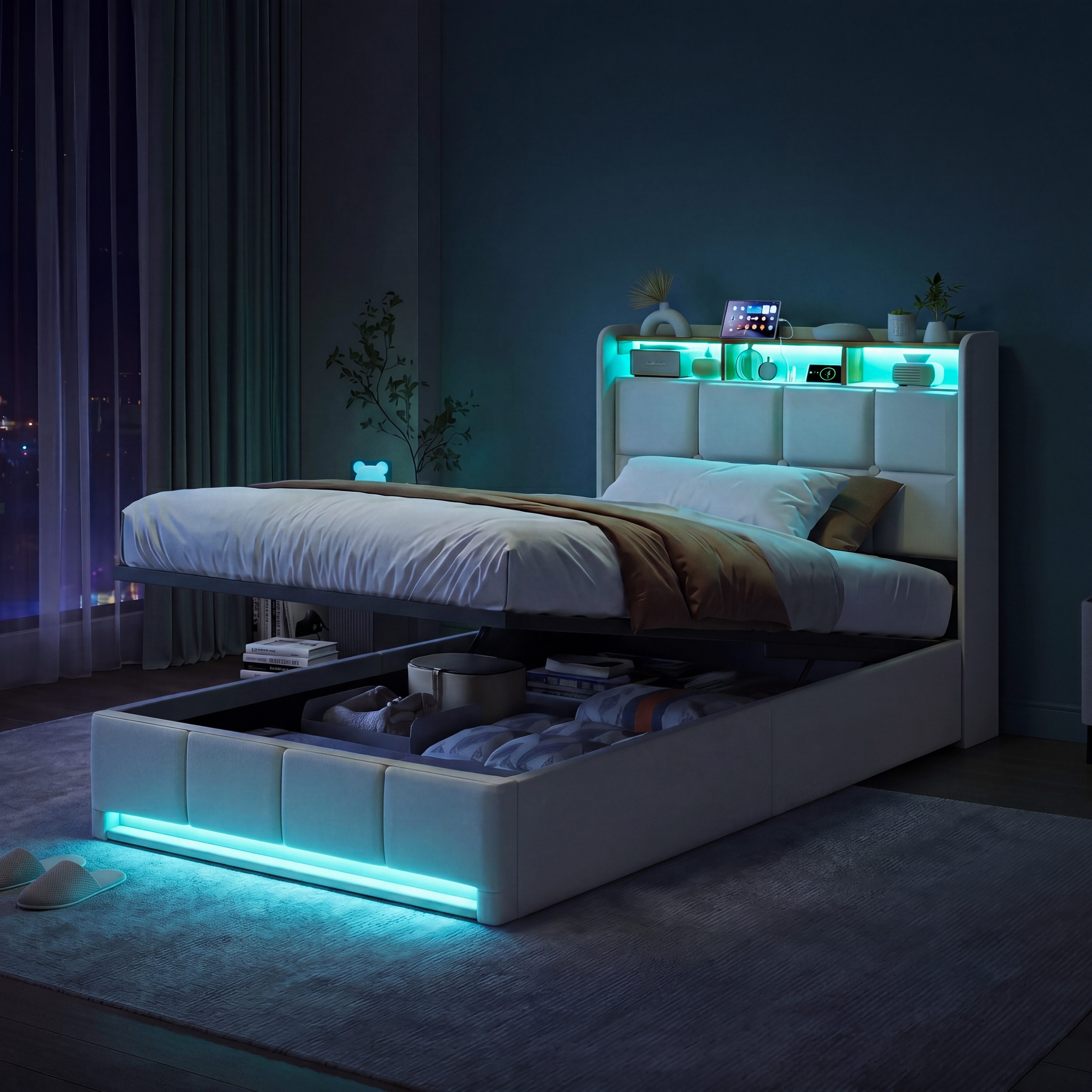 Furnishings Home Polsterbett LED Doppelbett 140x200cm, Stauraumbett mit Kopfteil und 4 Schubladen (Leinenmaterial Polsterbett mit RGB Beleuchtung), mit Lattenrost und Ladefunktion, mit Komforthöhe, Leises Design Bett