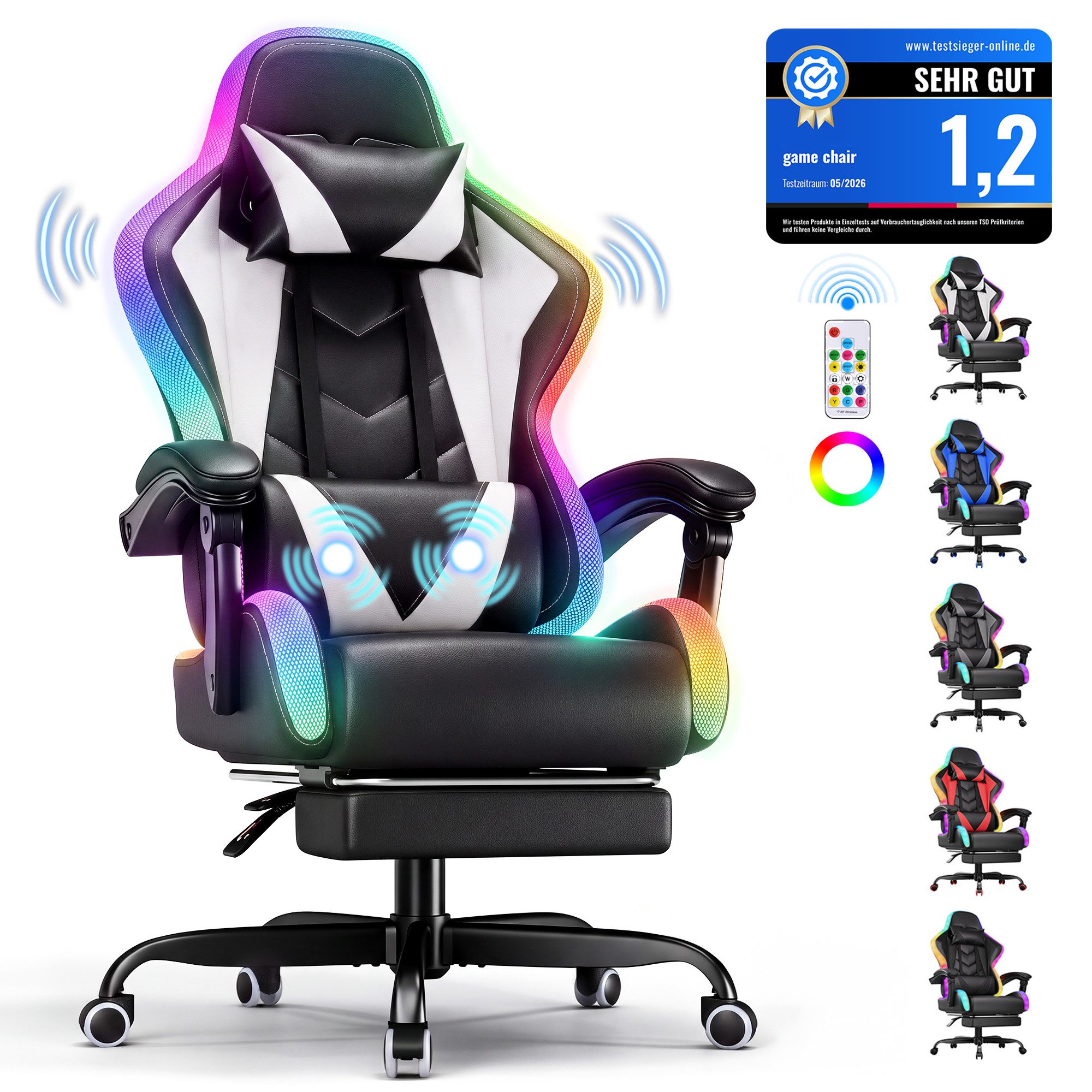 HOMALL Gaming-Stuhl mit LED,Ergonomisch,Fußstütze,computerstuhl,gaming stuhl mit massage (Die LED-Beleuchtung ist einstellbar, das Massagekissen für den Rücken ist beweglich), Ergonomischer Bürostuhl,Kopfstütze und Lendenstütze