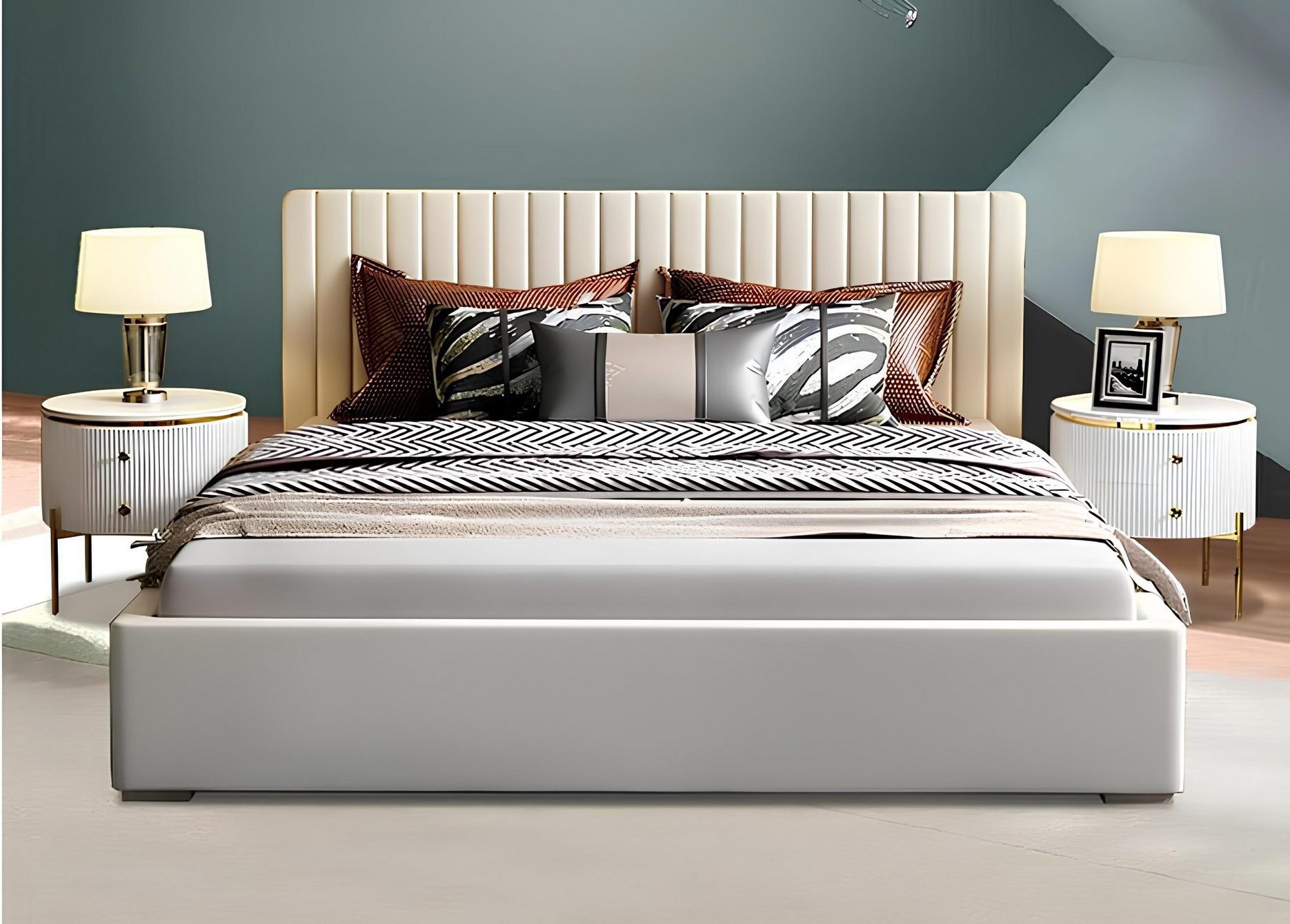 JVmoebel Polsterbett Beiges Lederbett mit grauen Holzfüßen für elegantes Schlafzimmerdesign, Made in Europa