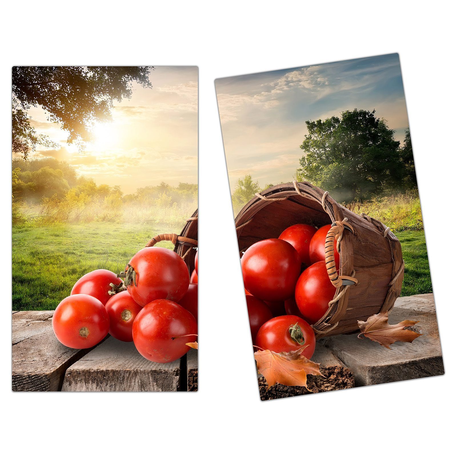 Herd-Abdeckplatte Herdabdeckplatte Spritzschutz aus Glas Tomaten aus Korb fallend