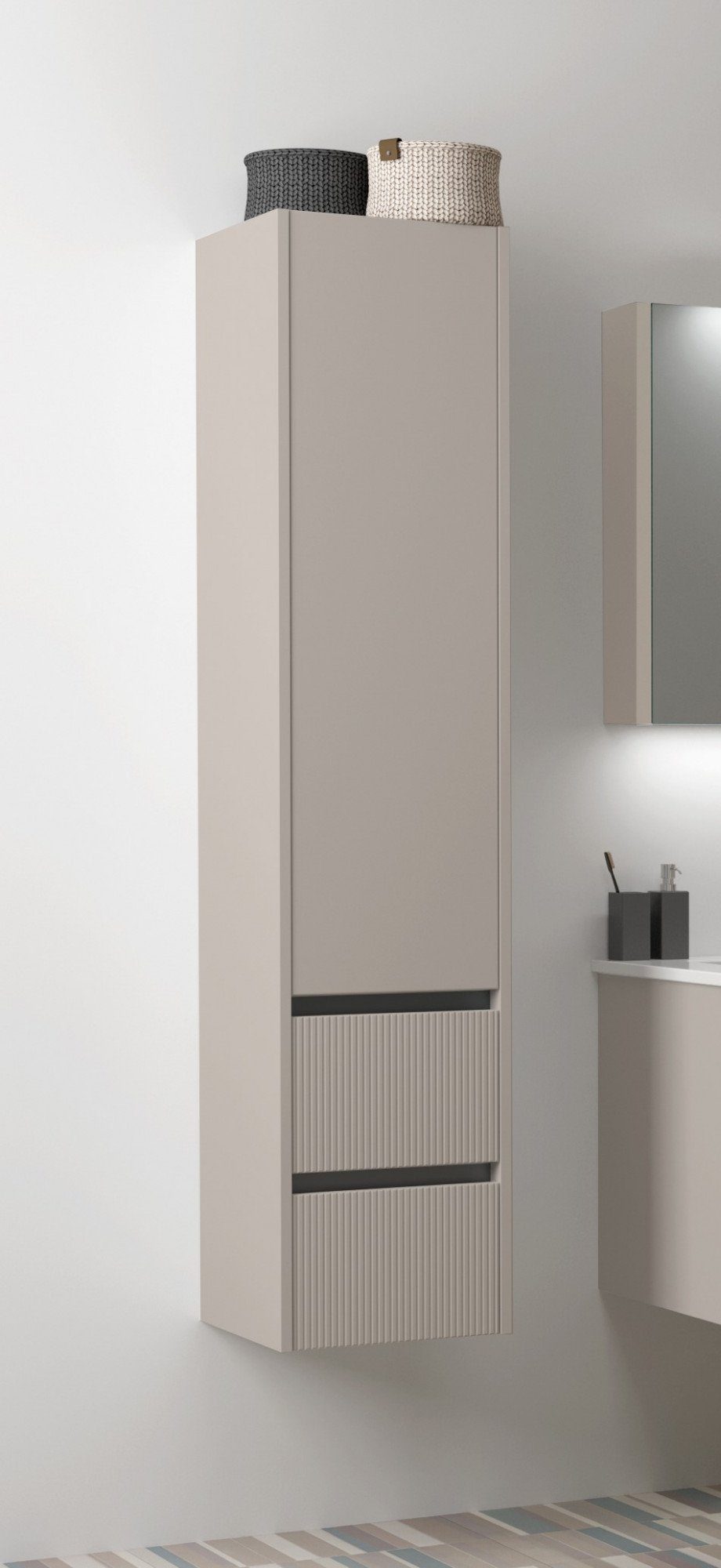 welltime Hochschrank Urban Schubladen mit Softclose, Glaseinlegeböden, Schubladenfront geriffelt