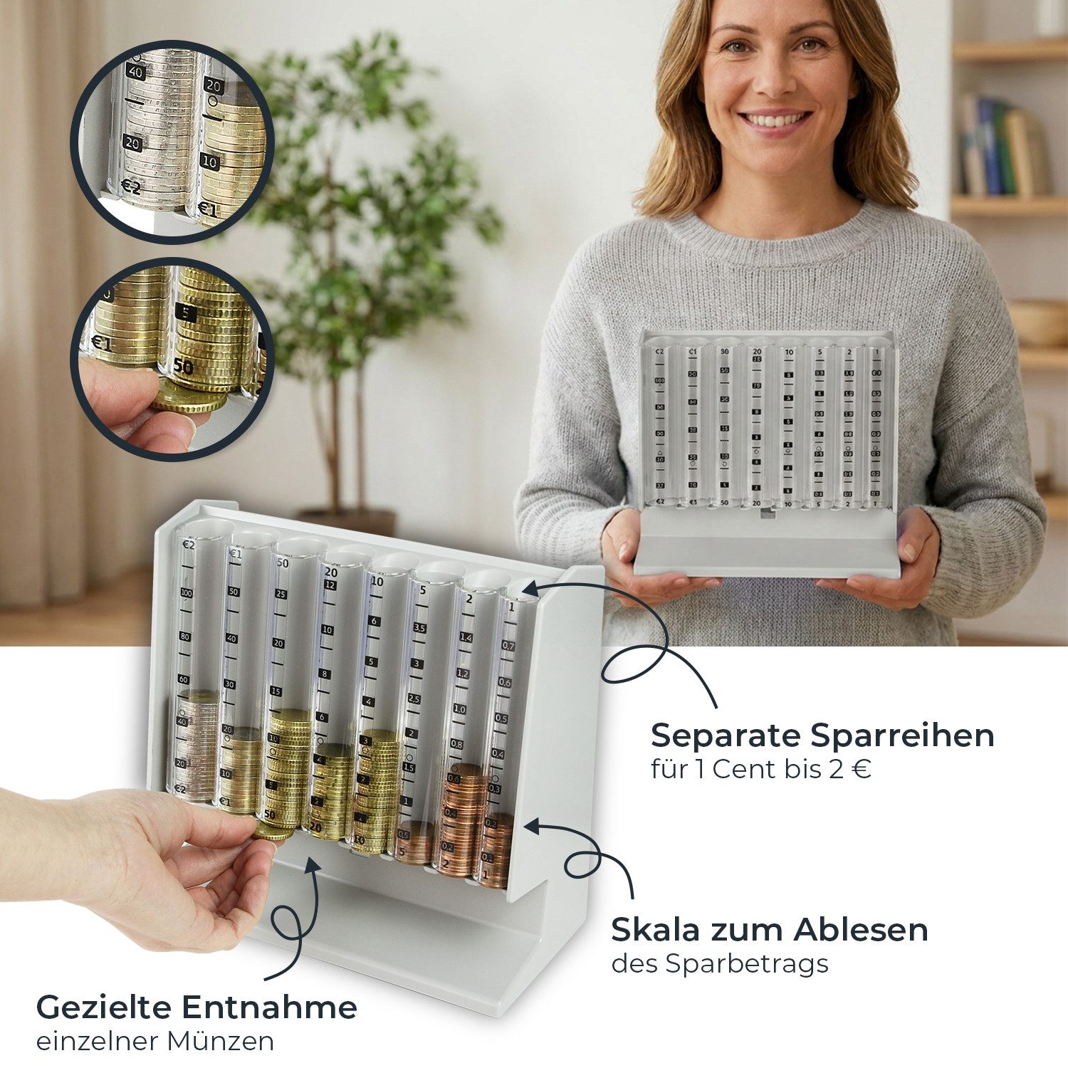 HMF Spardose Münzzähler zur Sortierung und Aufbewahrung von Kleingeld transparenter, Münzsortierer mit Werteskala als Spardose für Kinder 21 x 19,5 x 10 cm